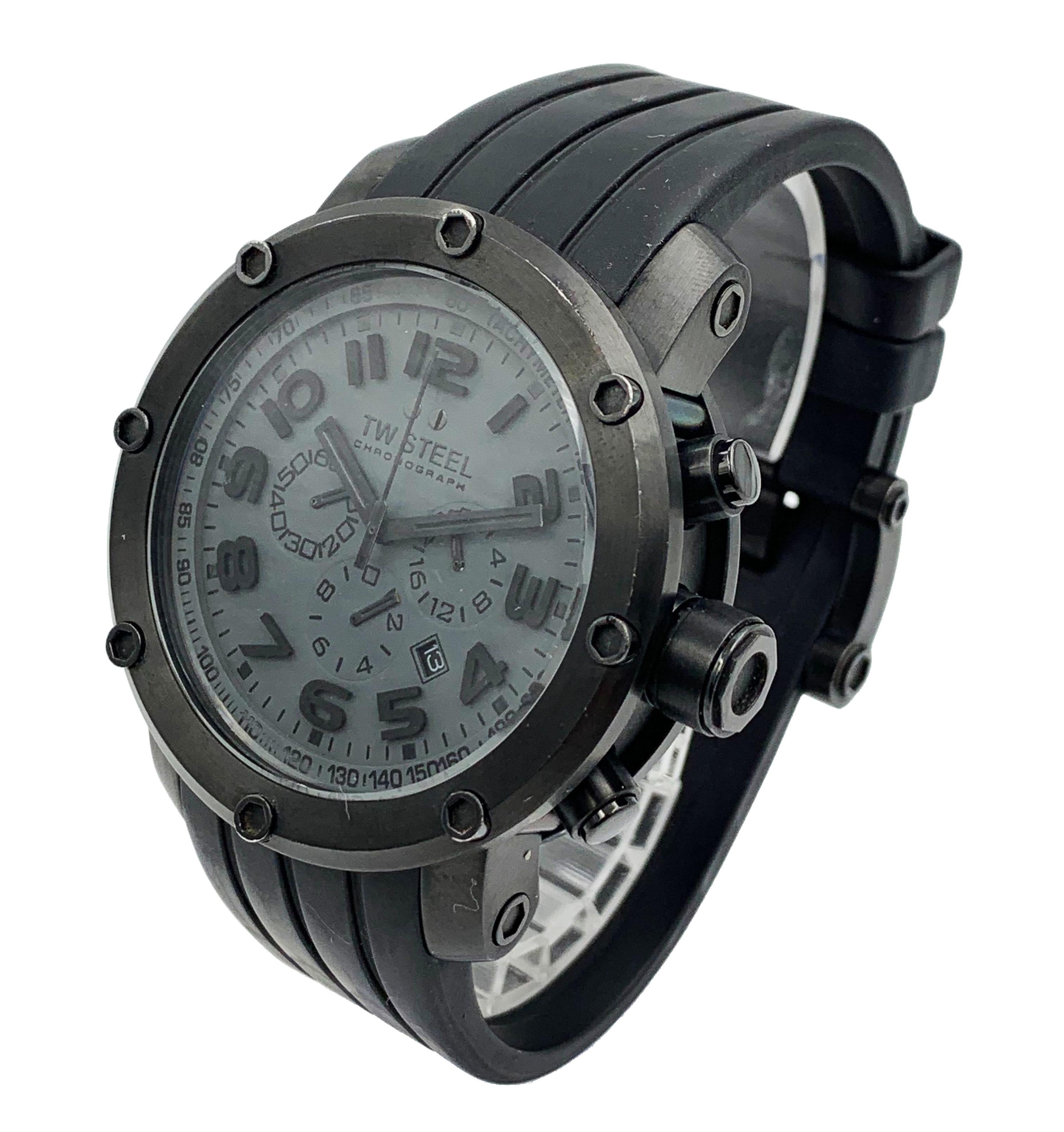 Watch have visible signs of wear.
visible scratches, scuff and dings on case.
Comes with original box and papers.
TW Steel Black PVD Plated Stainless Steel Chronograph Mens Quartz Watch TW129
48 millimeters case size
Case Diameter	48mm
