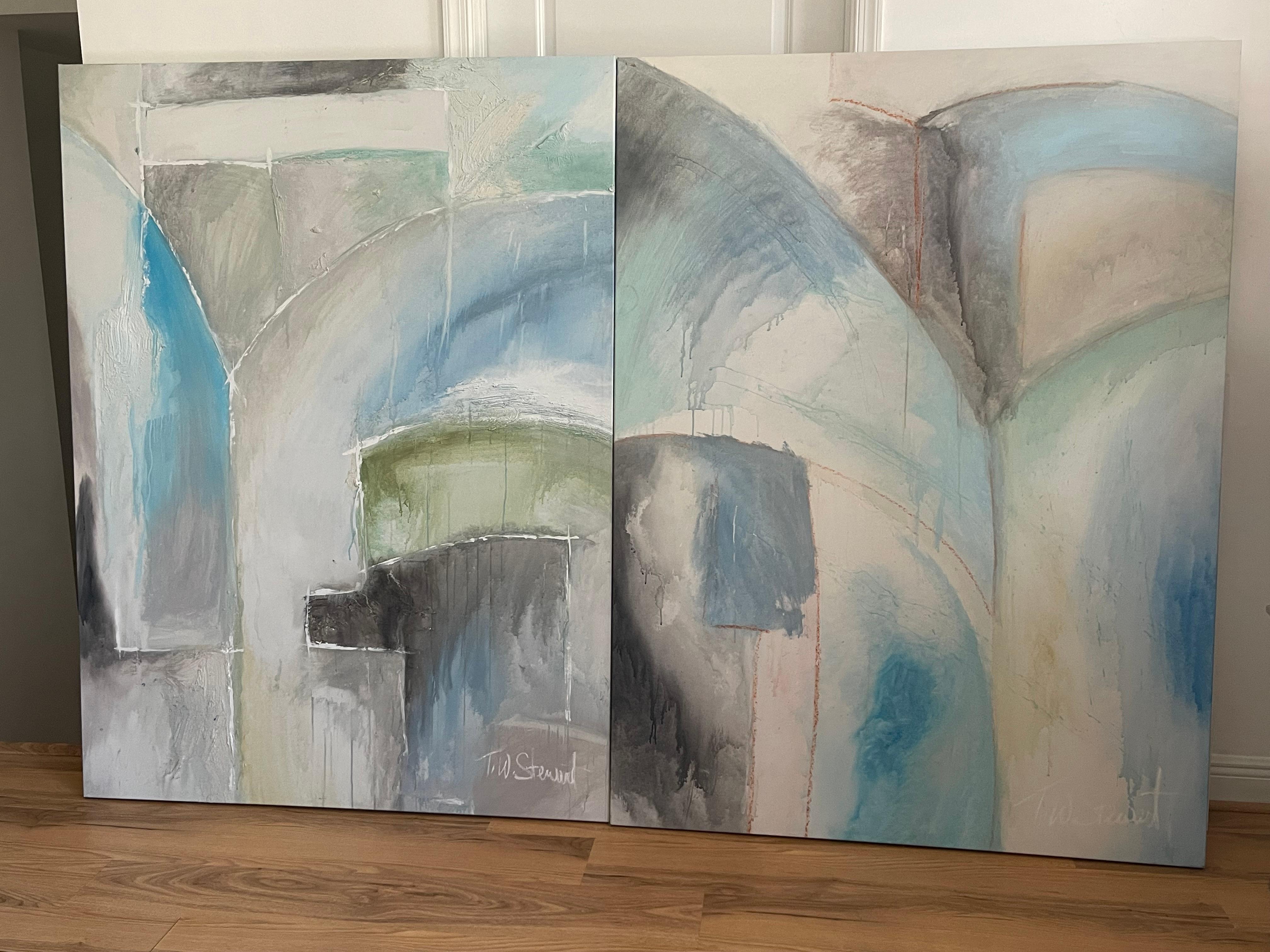 Zwei großformatige Gemälde in Acryl auf Leinwand von TW Stuart, 1987, Blue Absttact Dyptich.