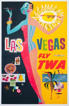 TWA Las Vegas 1950s Airline Travel Advertising Poster, David Klein
