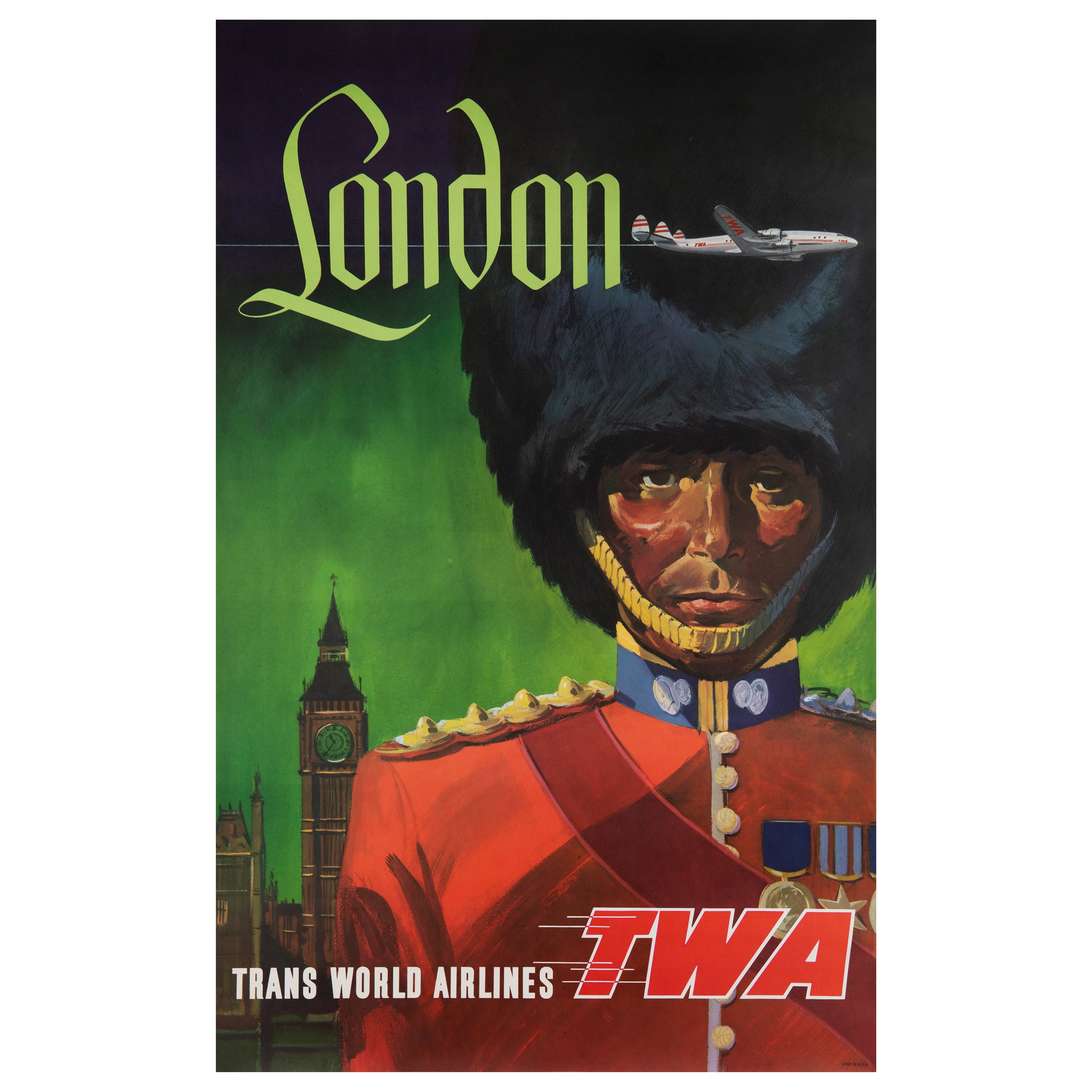 TWA London" Póster de viaje original de David Klein, años 50