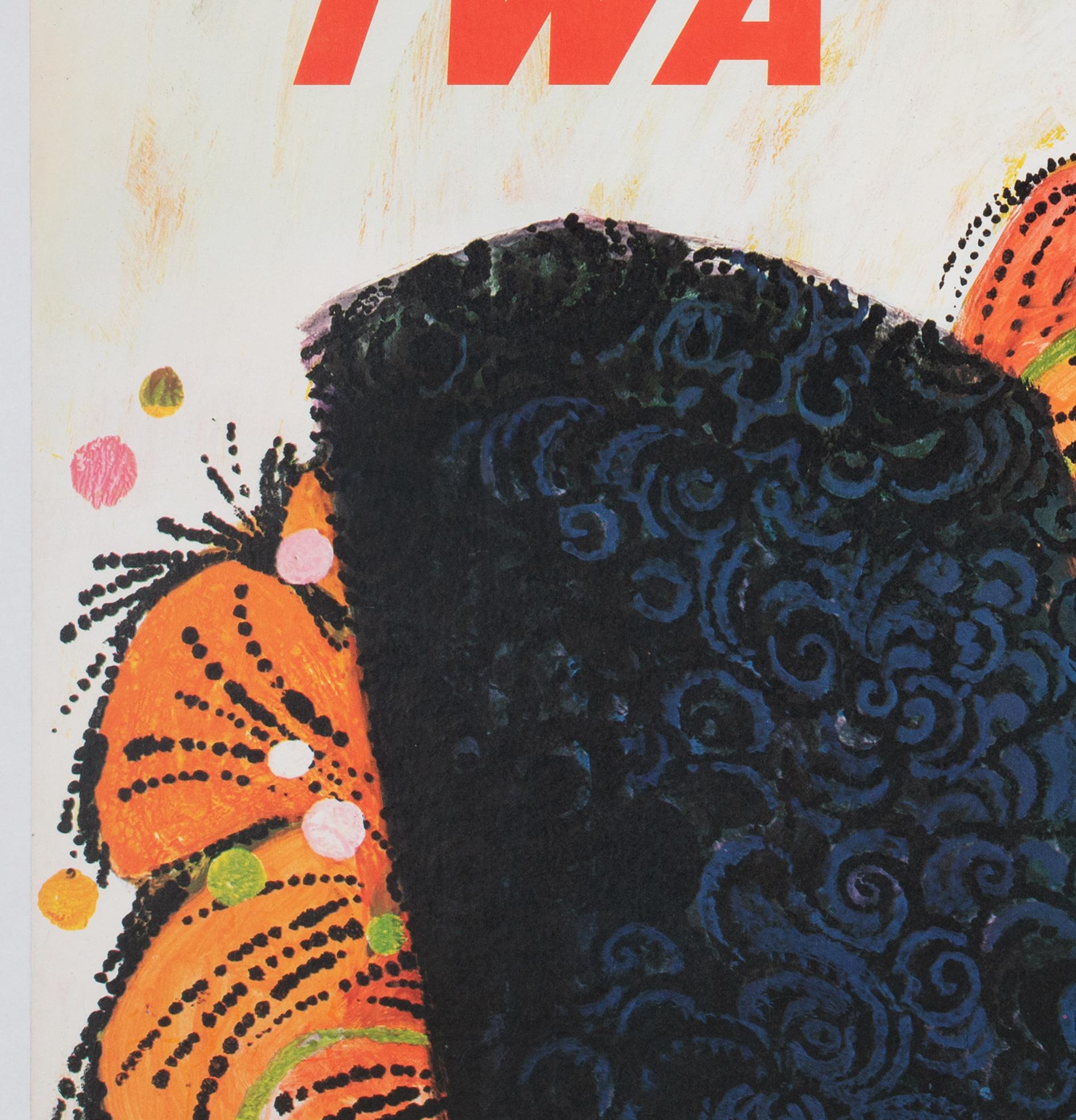 TWA España Cartel publicitario de viajes en avión de los años 60, David Klein siglo XX en venta