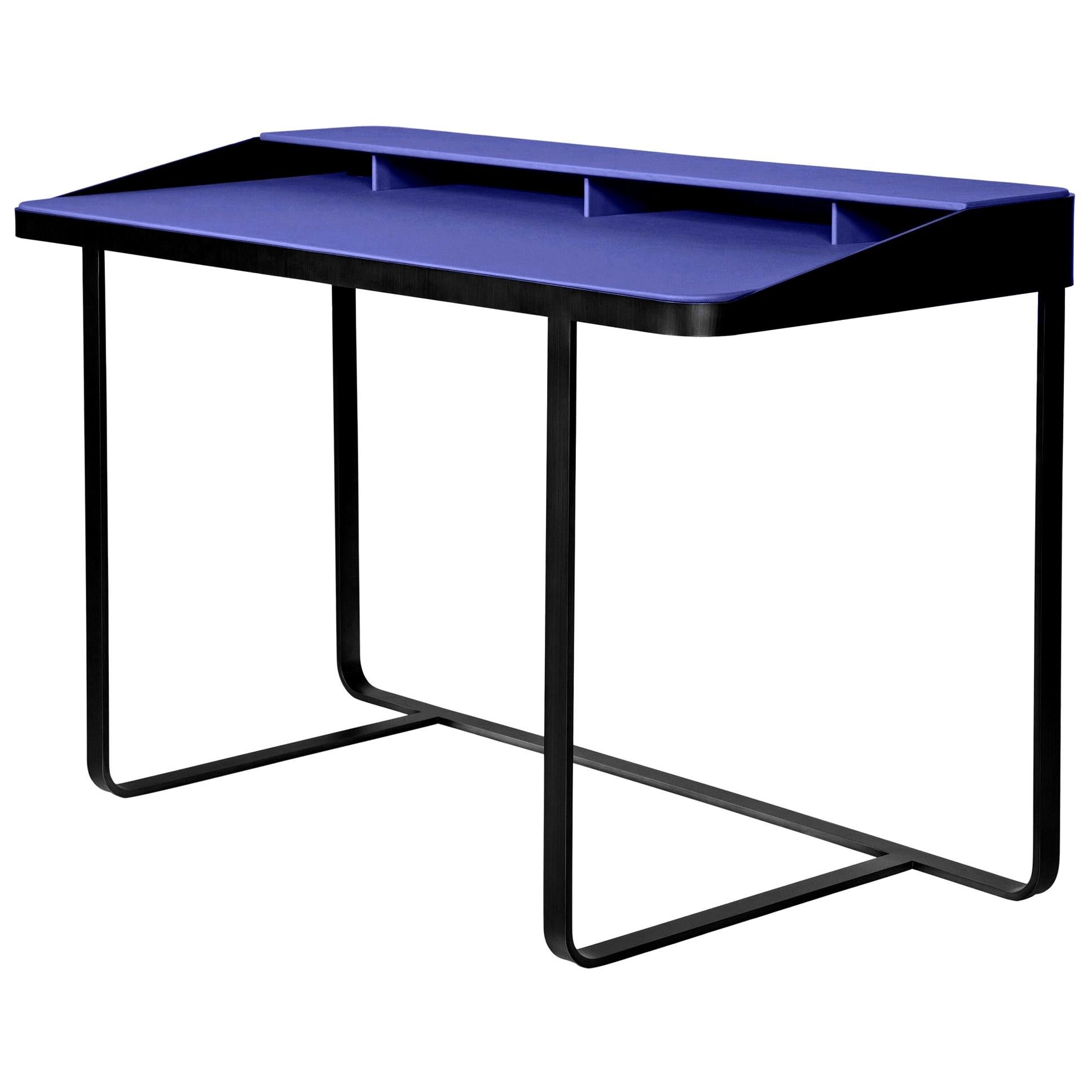 Twain Blue Leather Desk, Designed by Gordon Guillaumier, Made in Italy For Sale