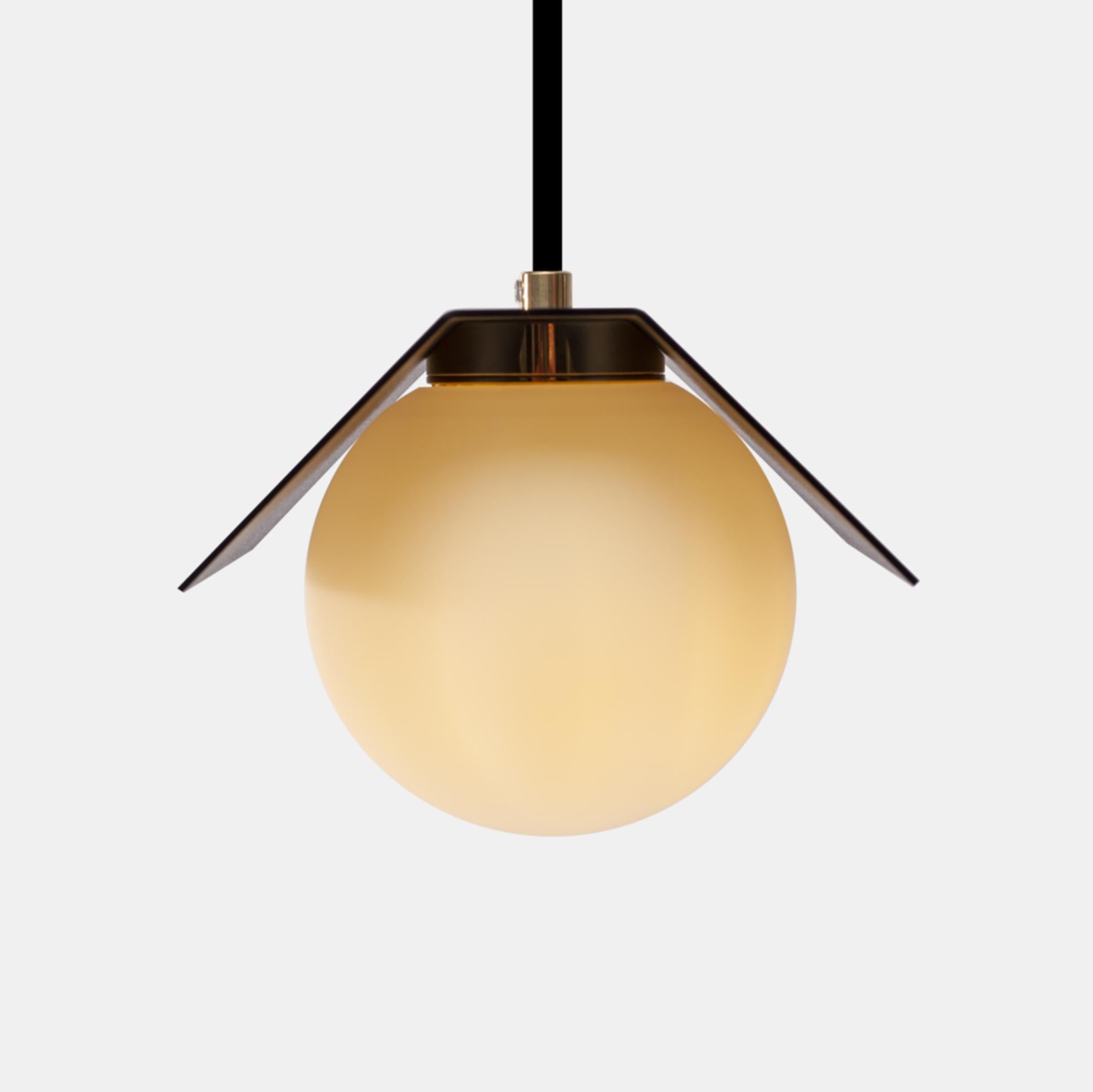 Twain Ex jet black suspended light by Lexavala
Dimensions: W 16 x D 16 x H 13 cm 
Materials: brass or stainless steel ring touching the glass.

There are two lenghts of socket covers, extending over the LED. Two short are to be found in