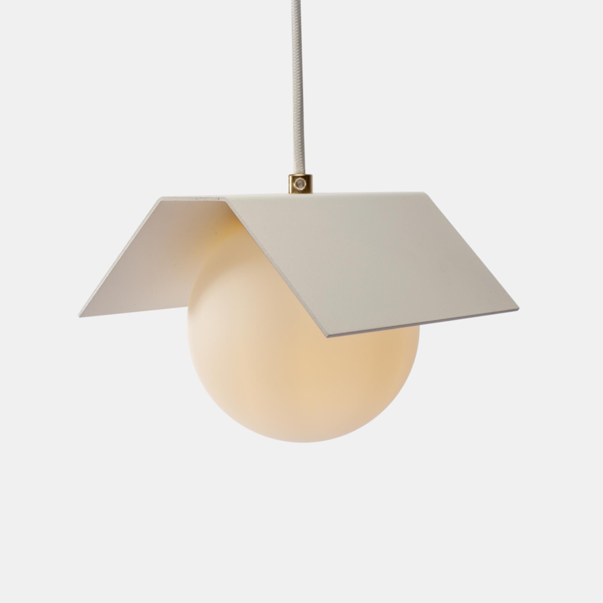 Twain Ex pure white suspended light by Lexavala
Dimensions: W 16 x D 16 x H 13 cm 
Materials: brass or stainless steel ring touching the glass.

There are two lenghts of socket covers, extending over the LED. Two short are to be found in