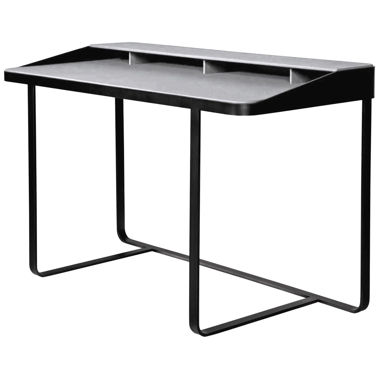 Twain, Grey Leather Desk, Designed by Gordon Guillaumier, Made in Italy For Sale
