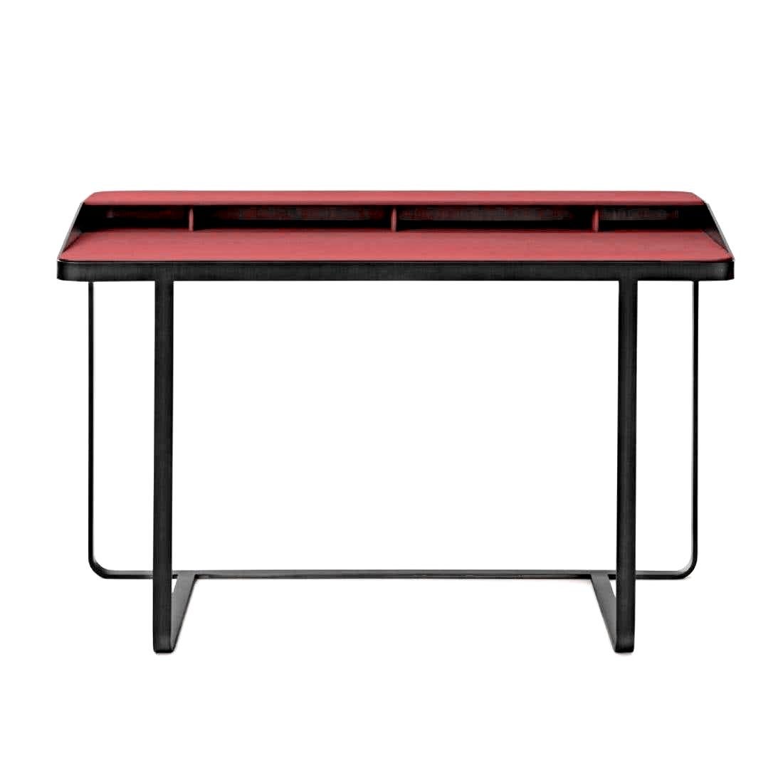 Modern Twain, Red Leather Desk, Designed by Gordon Guillaumier, Made in Italy For Sale