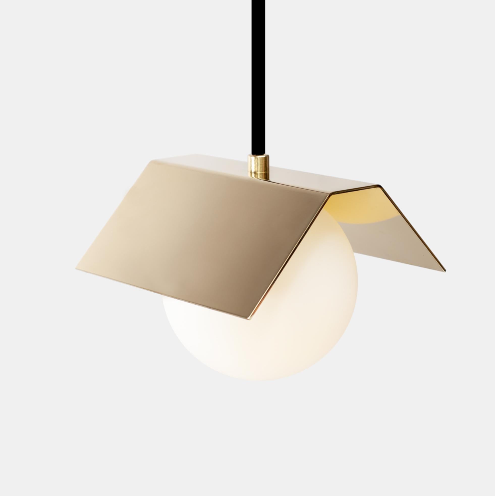 Twain solid brass suspended light by Lexavala
Dimensions: W 16 x D 16 x H 13 cm 
Materials: Brass, glass.

There are two lenghts of socket covers, extending over the LED. Two short are to be found in Suspended and Surface, and one long in the