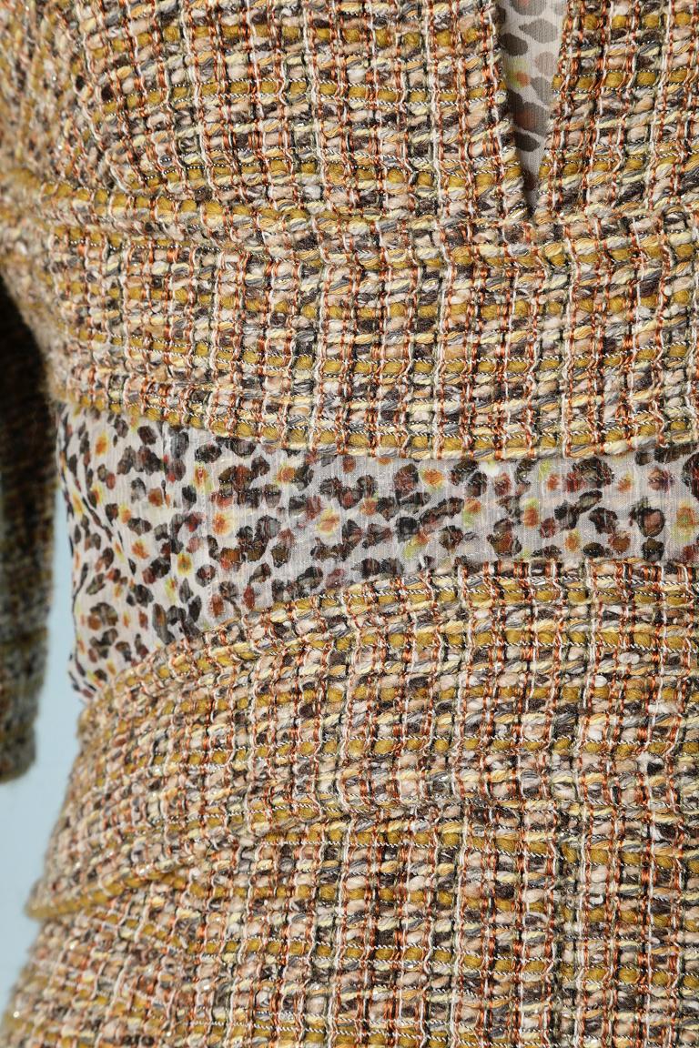 Brown Tweed and printed chiffon cocktail dress Chanel  For Sale