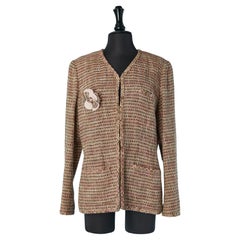Tweed edge to edge jacket with fabric Camelia brooch CHANEL