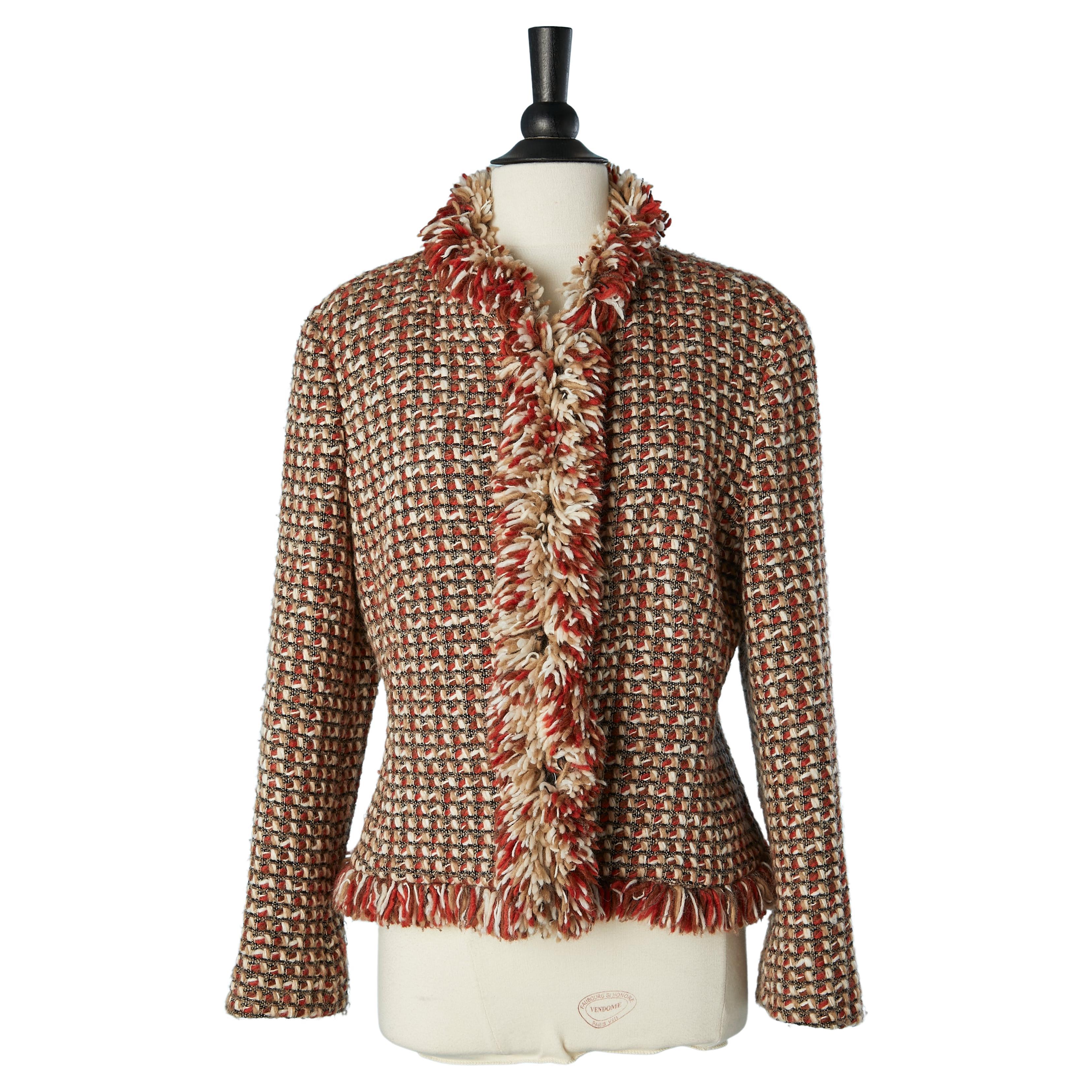 Tweed edge to edge jacket with wool thread fringes edge Féraud  For Sale