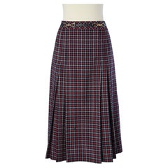 Tweed pleated skirt with gold metal buckle and black leather details Céline 1970