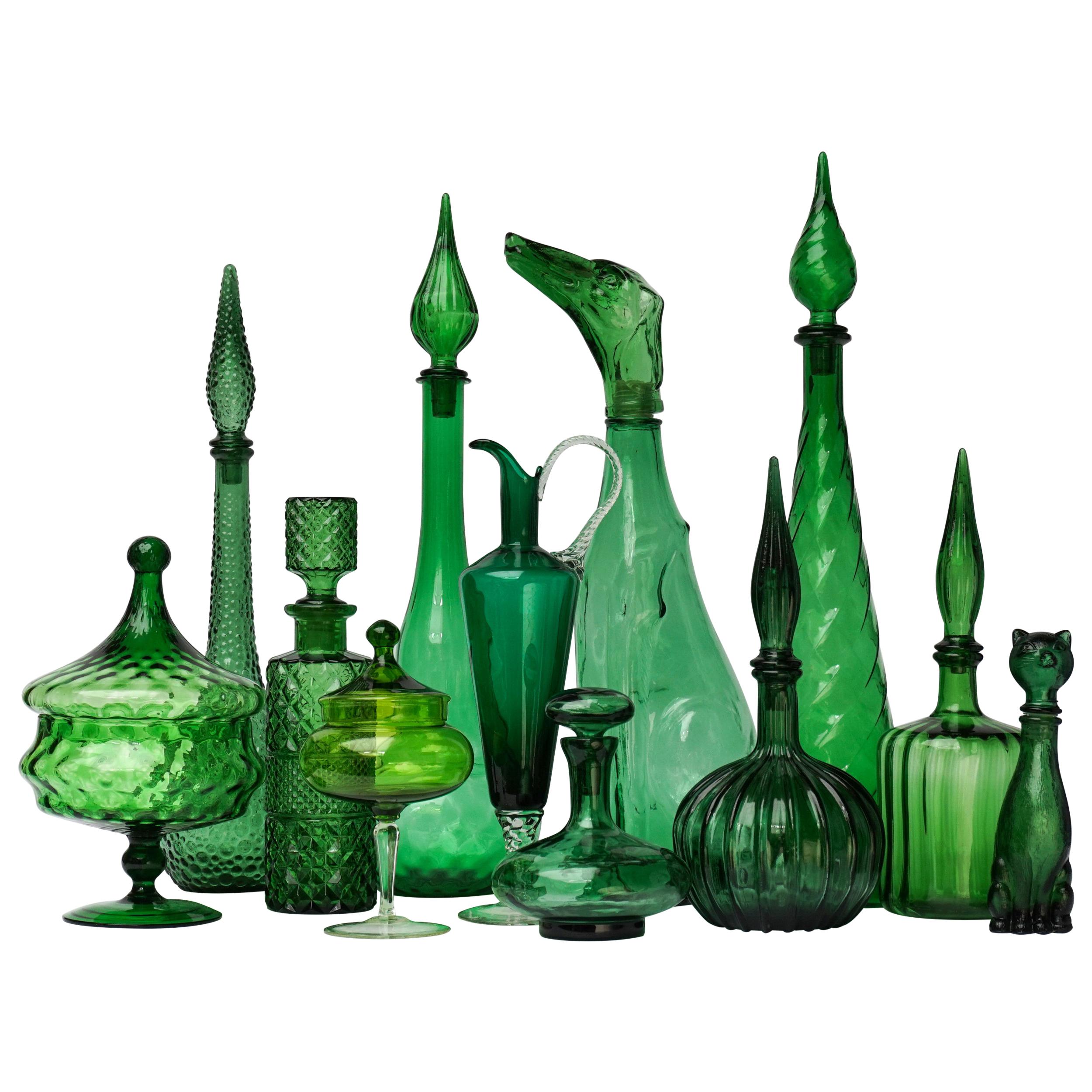 Twelve 1960s Italian Empoli Green Glass Bottles Decanters Bon Bon or Candy Jars