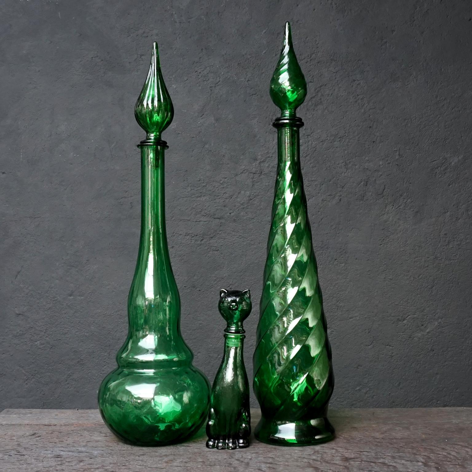 Blown Glass Twelve 1960s Italian Empoli Green Glass Bottles Decanters Bon Bon or Candy Jars
