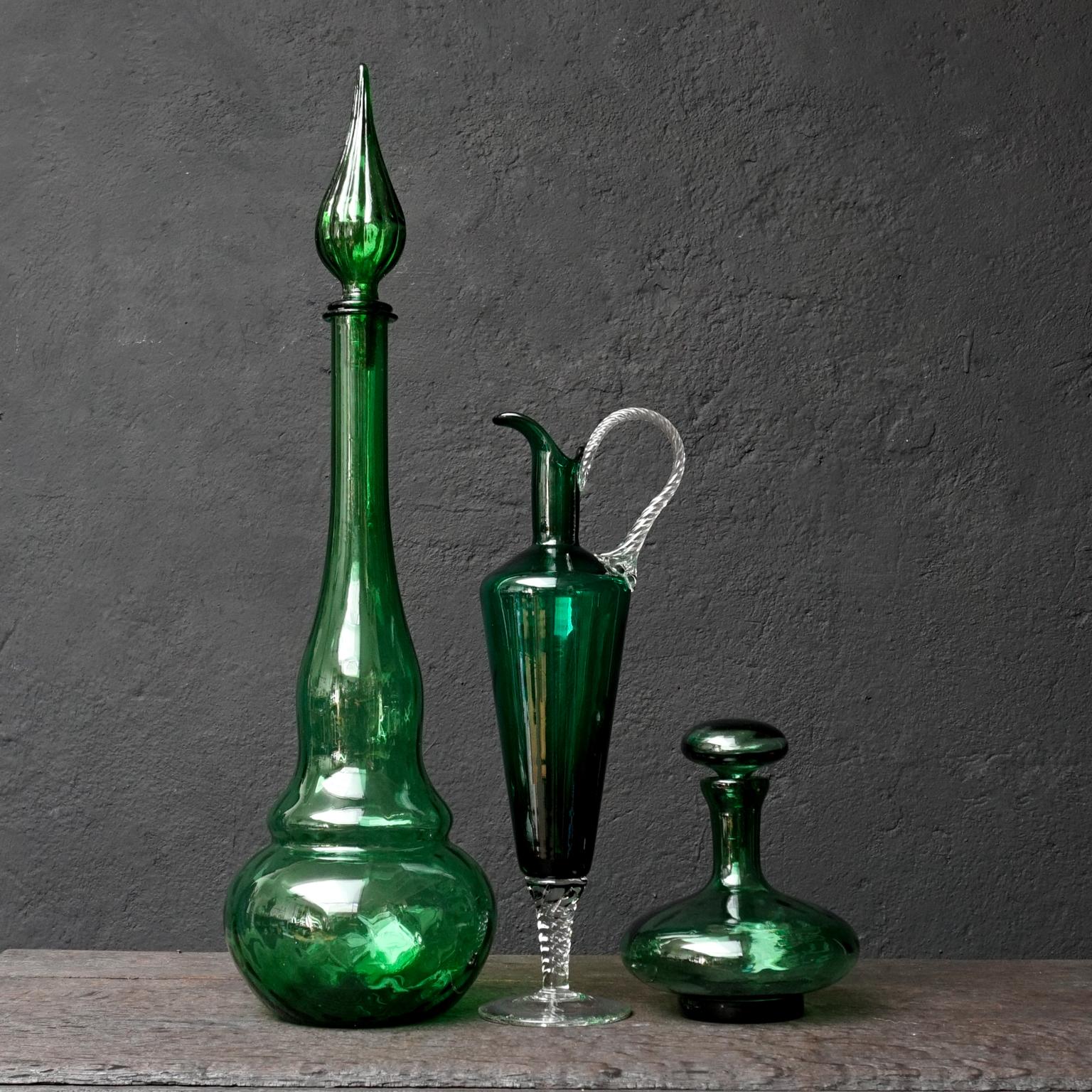 Twelve 1960s Italian Empoli Green Glass Bottles Decanters Bon Bon or Candy Jars 2