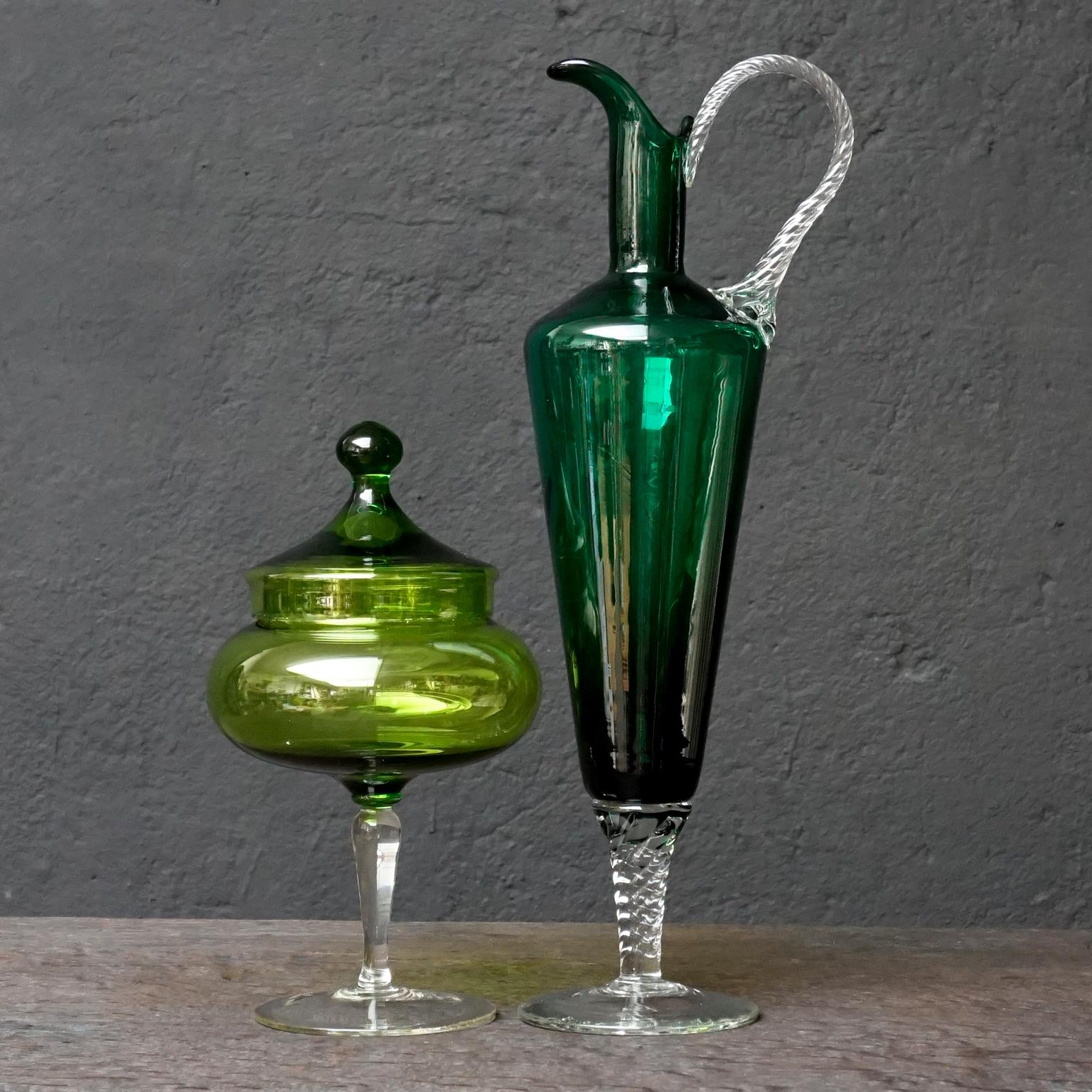 Twelve 1960s Italian Empoli Green Glass Bottles Decanters Bon Bon or Candy Jars 3
