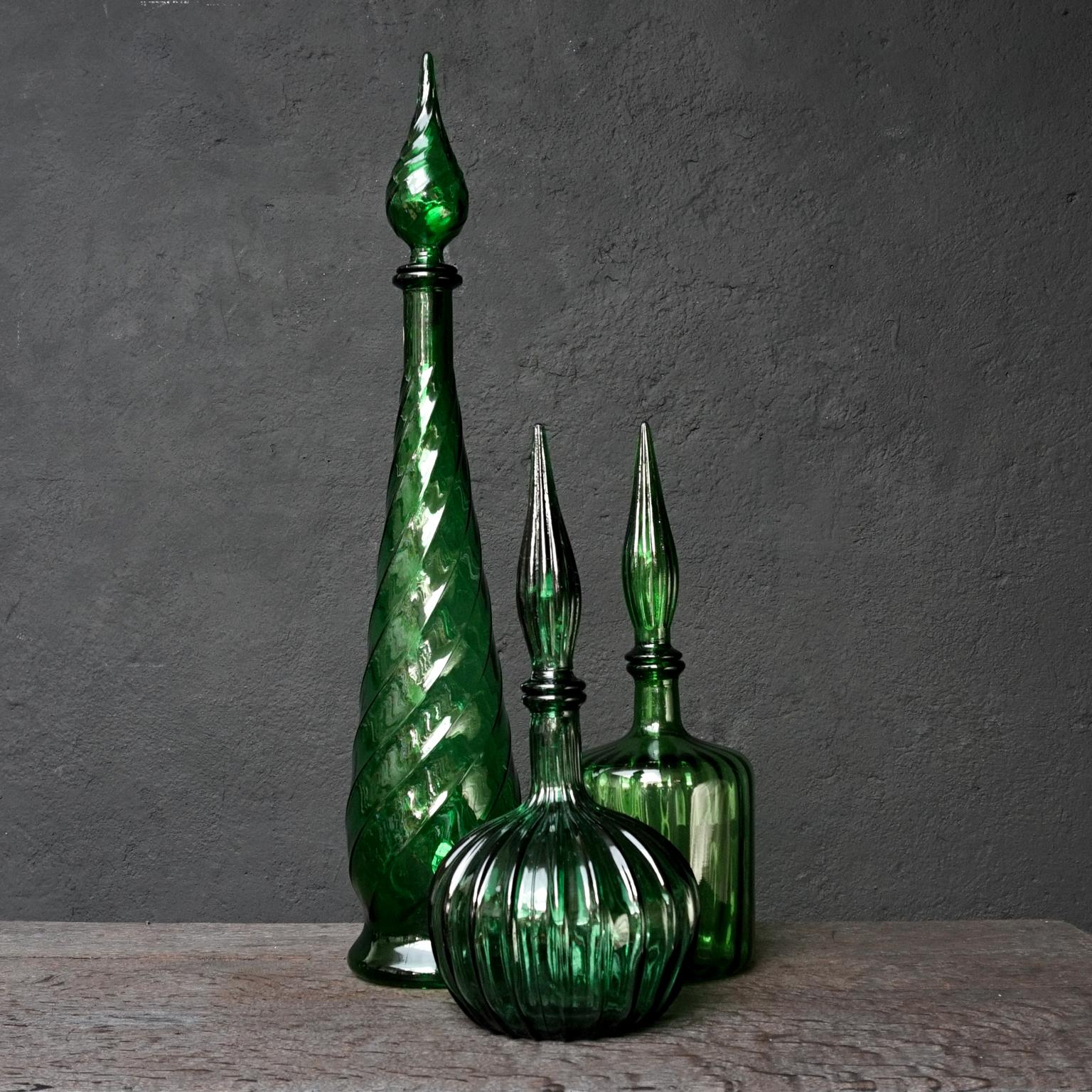 Twelve 1960s Italian Empoli Green Glass Bottles Decanters Bon Bon or Candy Jars 5