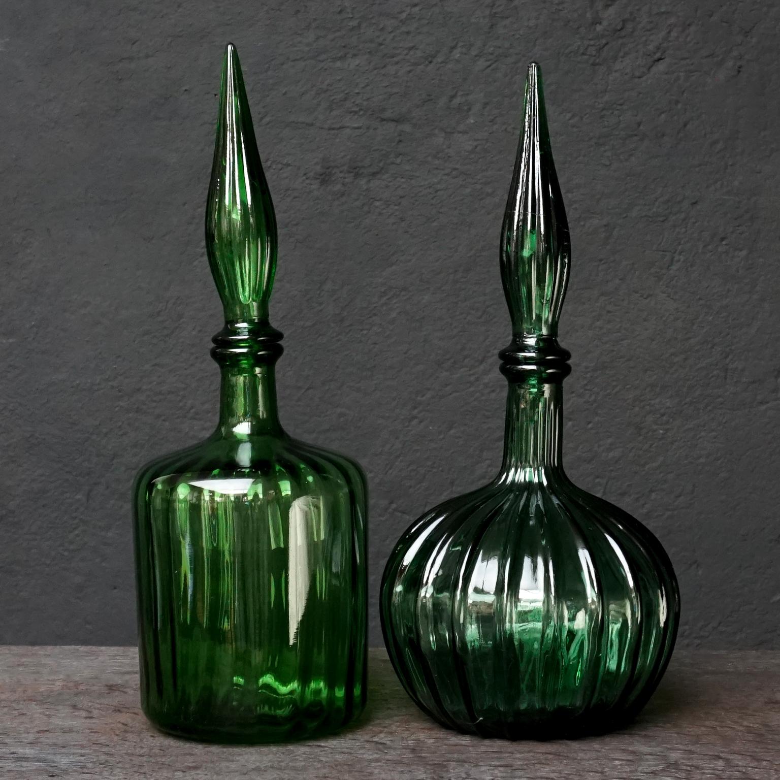 Twelve 1960s Italian Empoli Green Glass Bottles Decanters Bon Bon or Candy Jars 6