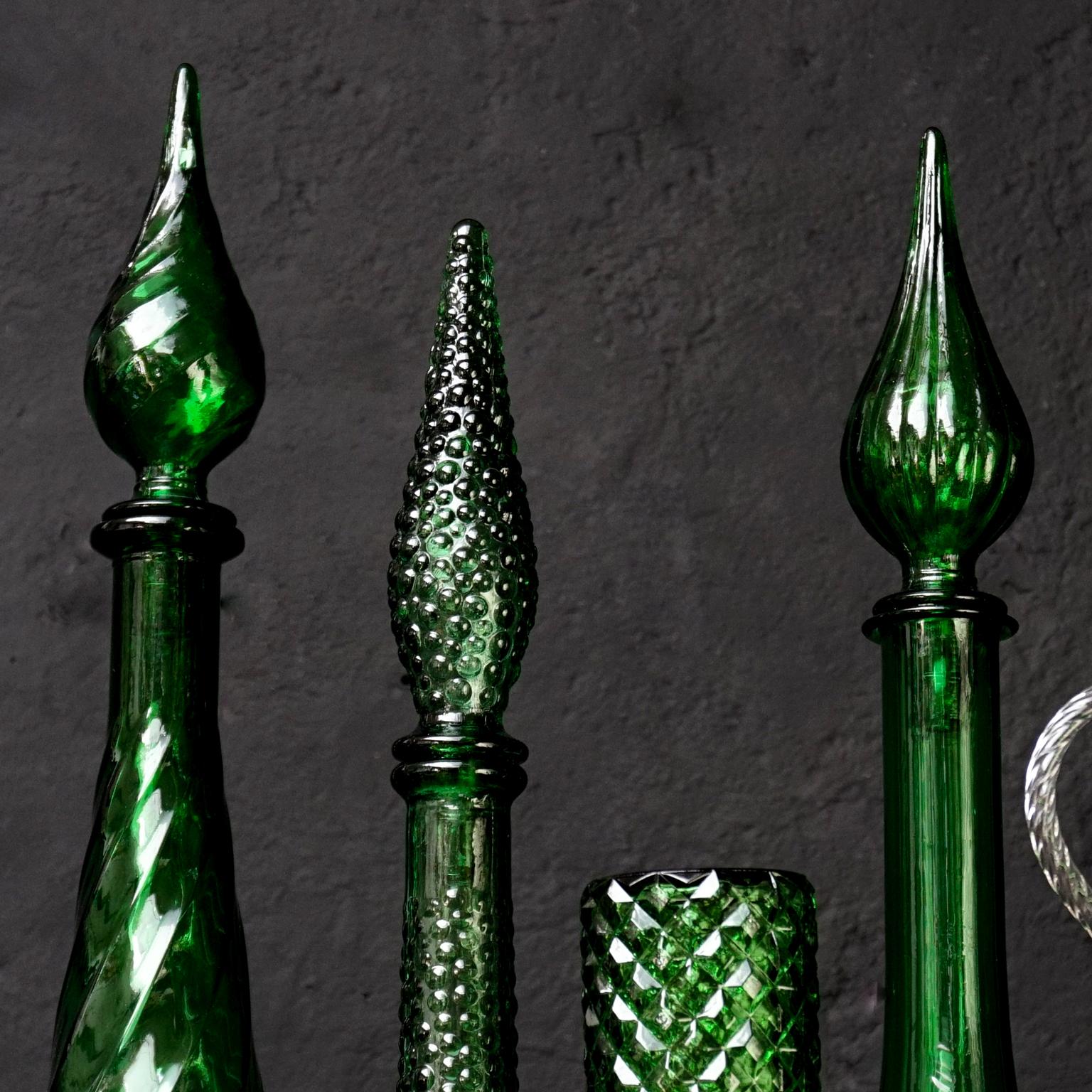 Twelve 1960s Italian Empoli Green Glass Bottles Decanters Bon Bon or Candy Jars 7