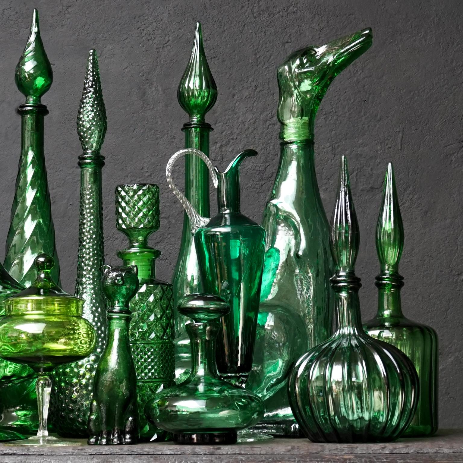 Mid-Century Modern Twelve 1960s Italian Empoli Green Glass Bottles Decanters Bon Bon or Candy Jars