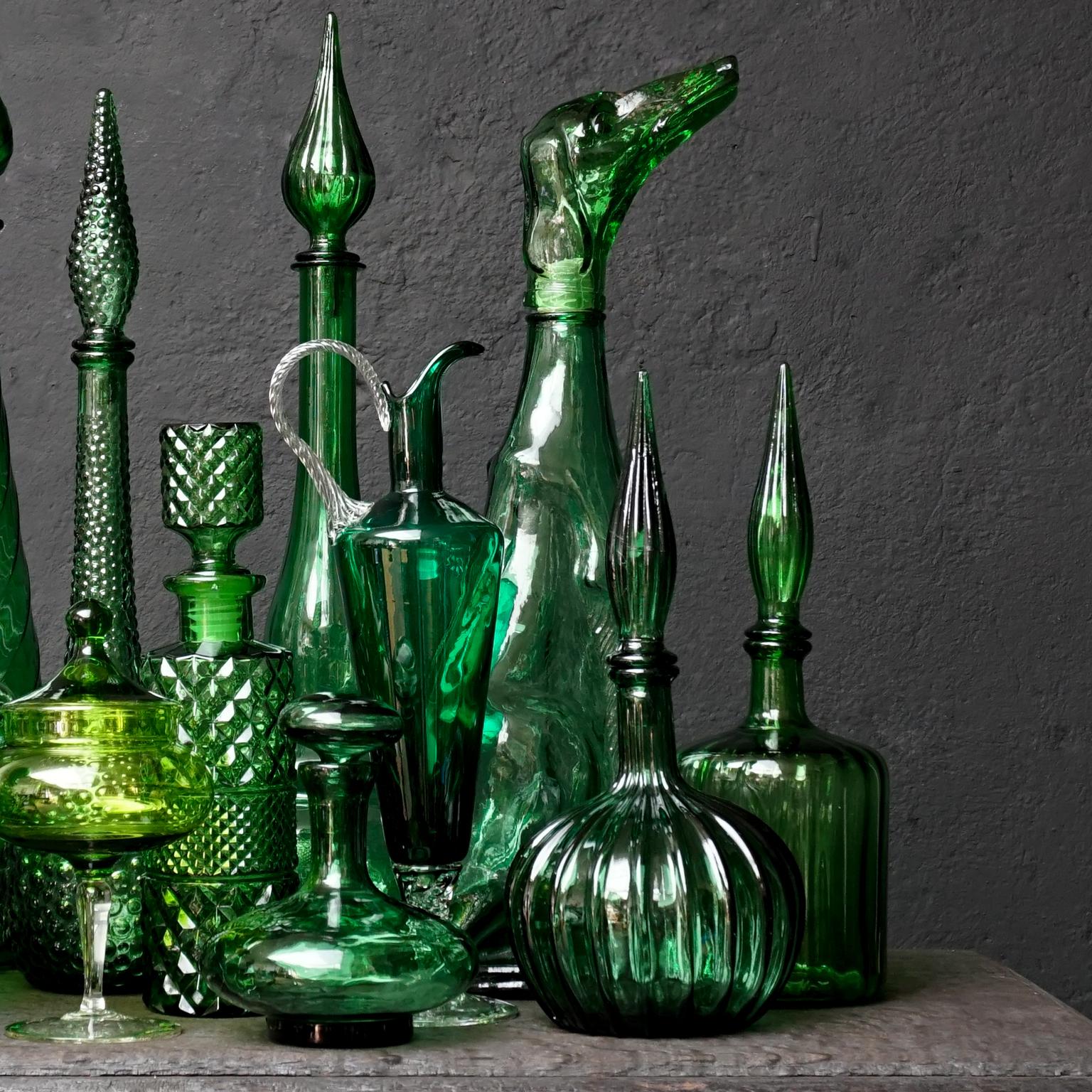 Pressed Twelve 1960s Italian Empoli Green Glass Bottles Decanters Bon Bon or Candy Jars