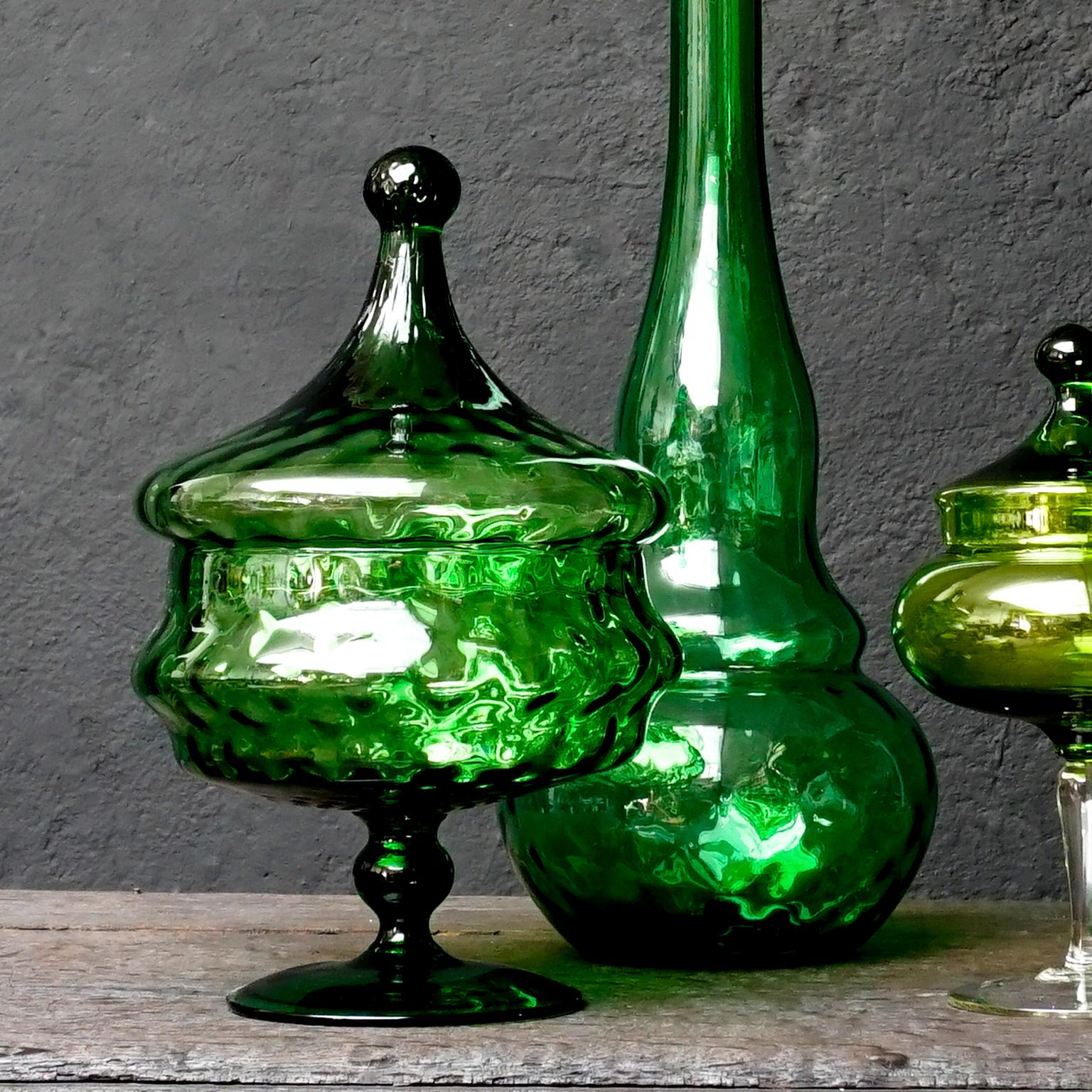 20th Century Twelve 1960s Italian Empoli Green Glass Bottles Decanters Bon Bon or Candy Jars