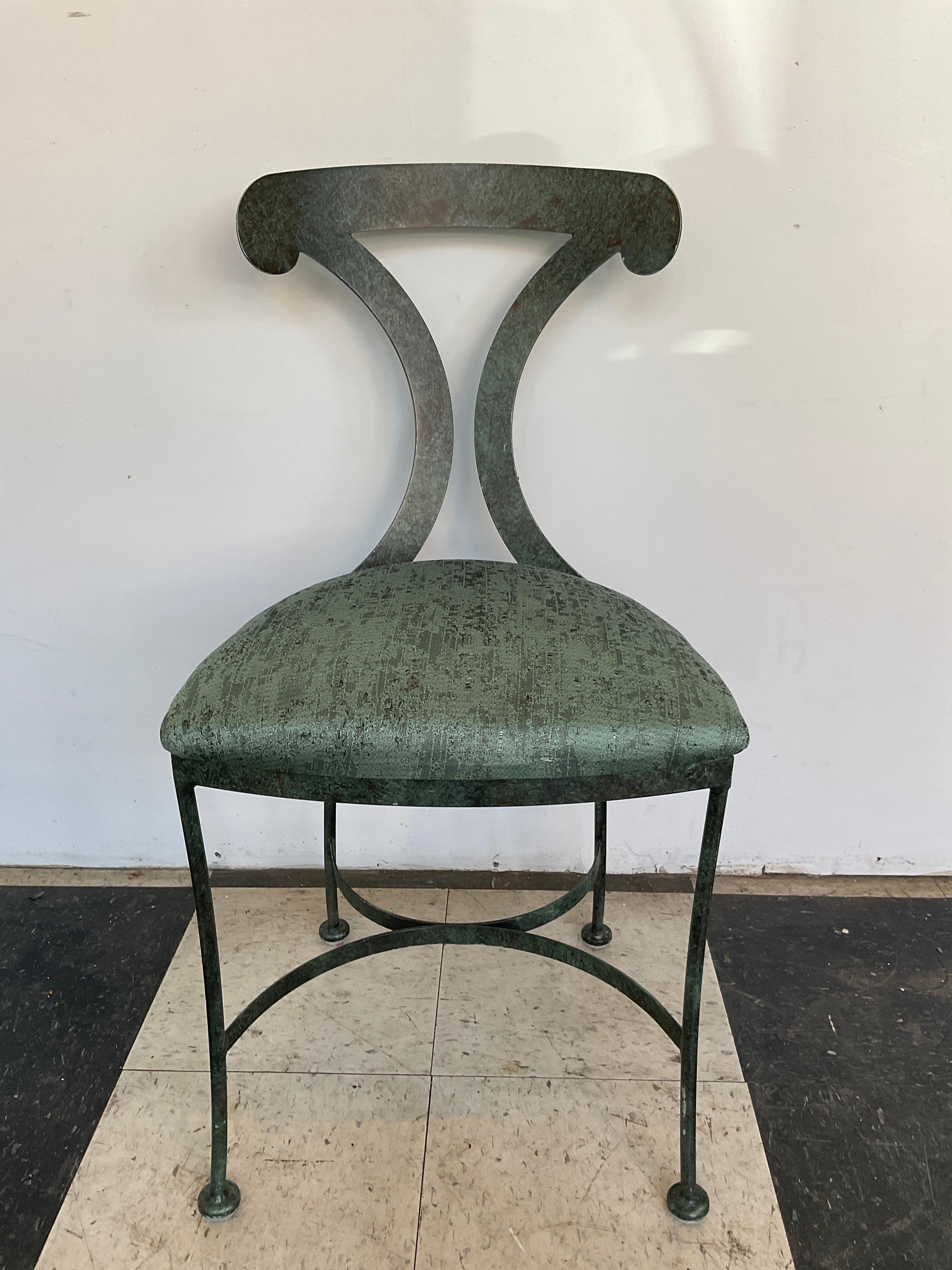 12, 1990s Steel Klismos chairs Green patinated. Chairs can be painted. SOLD IN PAIRS. 800.00 per pair.