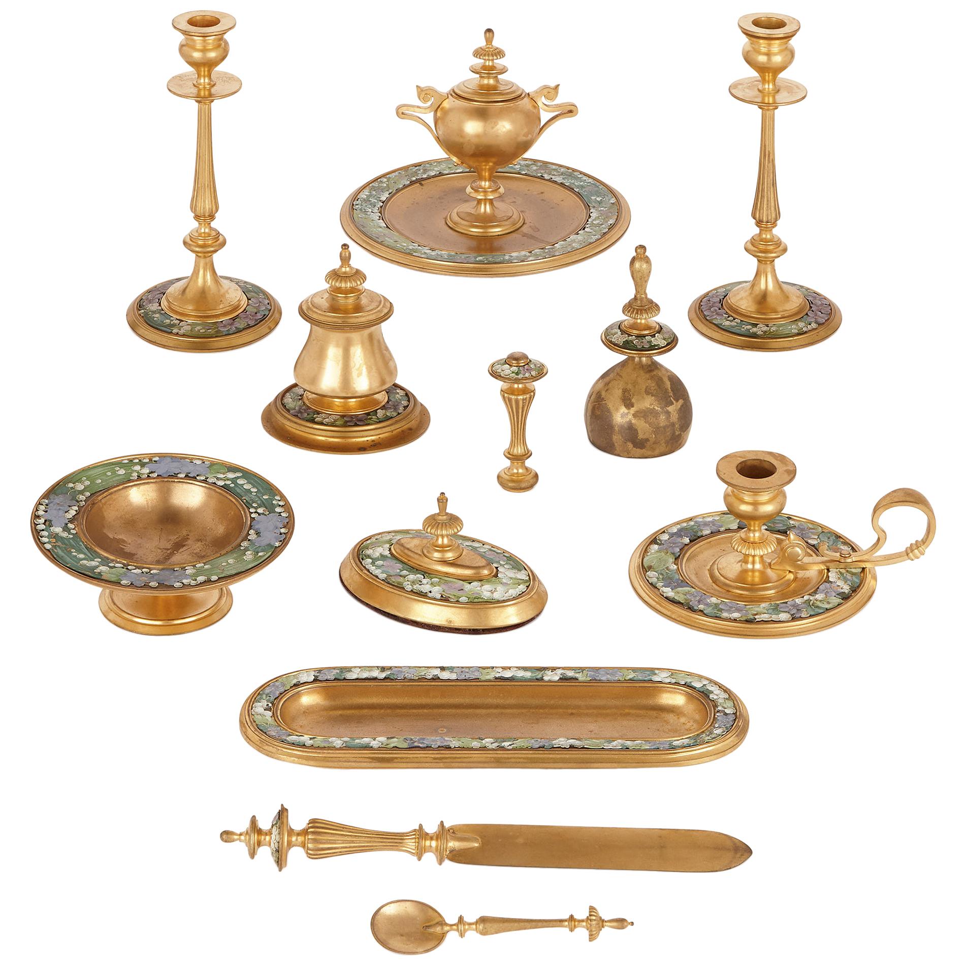 Twelve 19th Century Painted and Gilt Metal Desk Accessories
