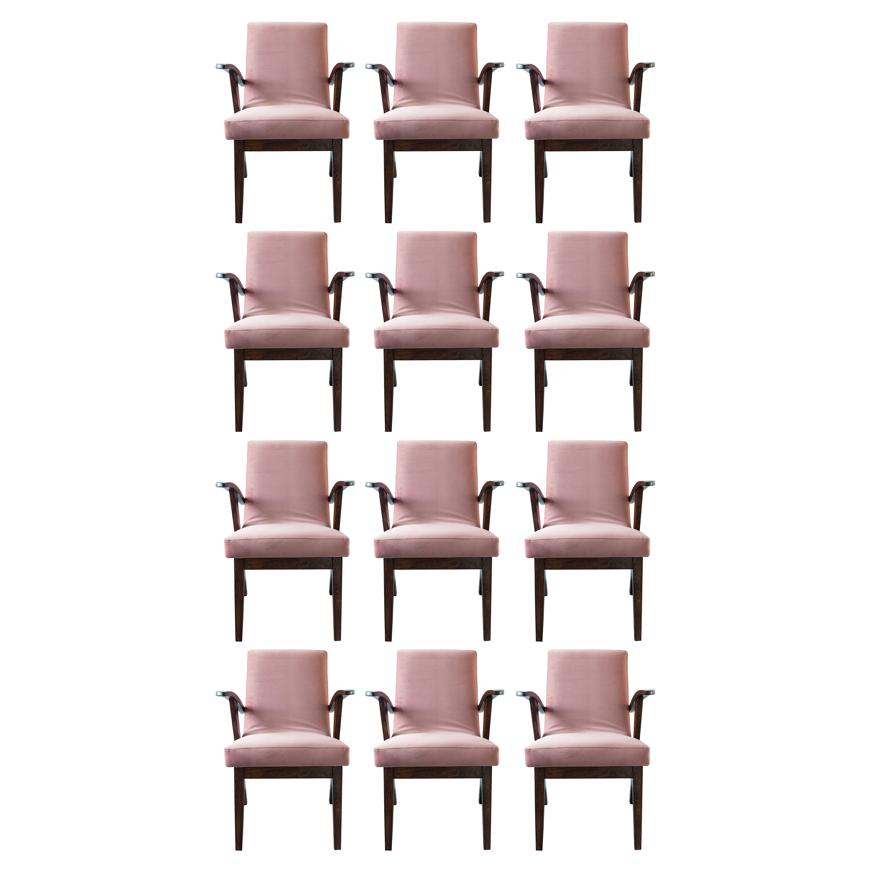 Douze fauteuils du XXe siècle en velours rose poussiéreux de Mieczyslaw Puchala, années 1960