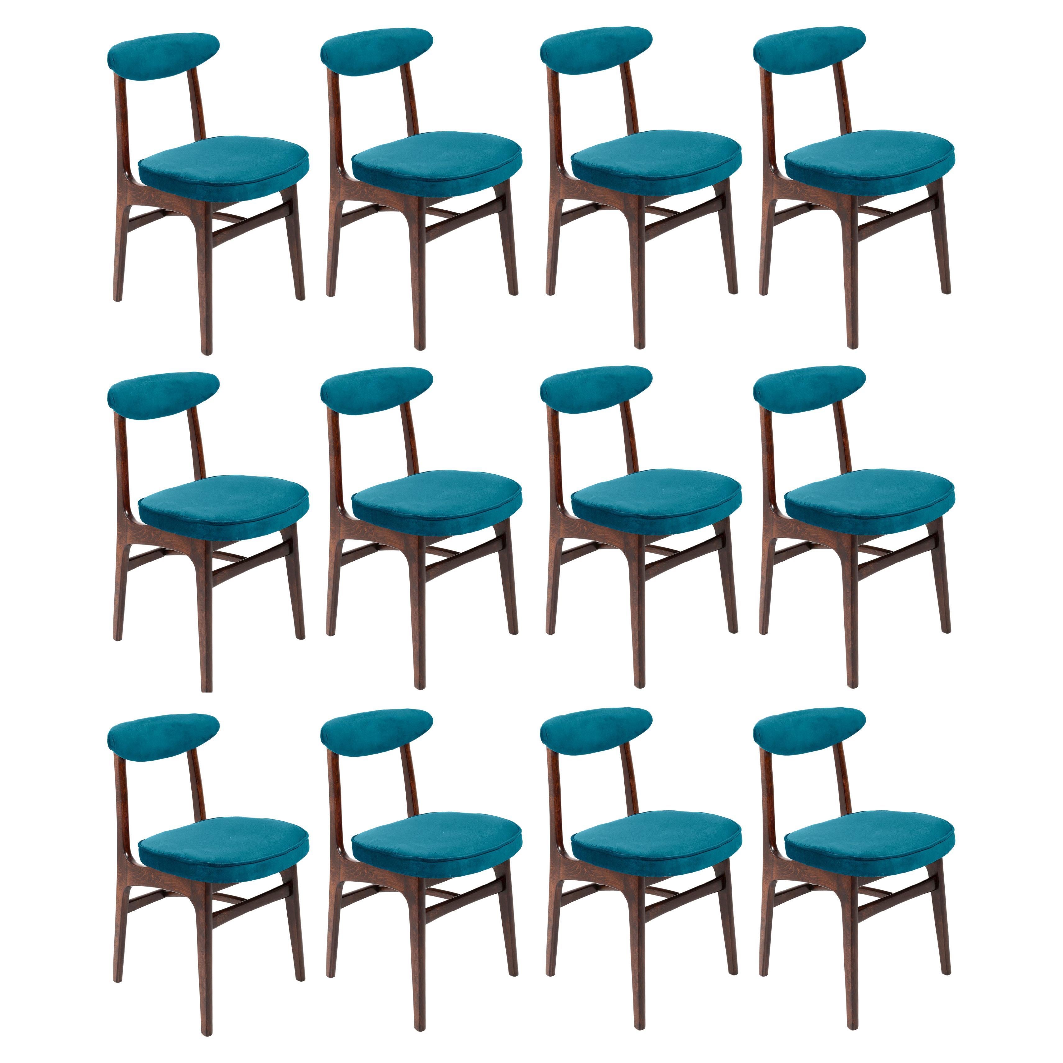 Twelve 20th Century Petrol Blue Velvet Chairs by Rajmund Halas Europe, 1960s For Sale