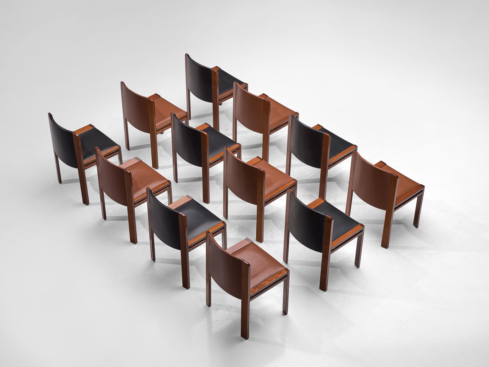 Joe Colombo for Pozzi, 12 dining chairs model '300', leather and oak, Italy, 1966.

Functionalist set of dining chairs is designed by Joe Colombo in 1966. His fascination with functionality meant he always focused on the user, which lead him to
