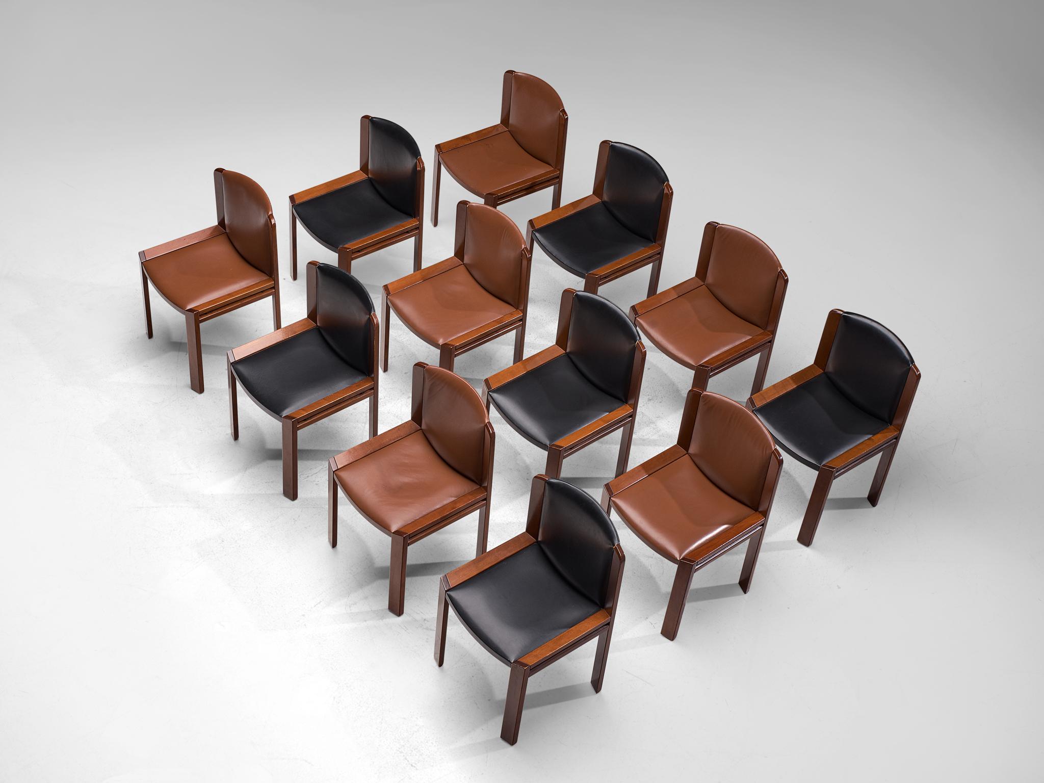 Mid-Century Modern  Twelve '300' Dining Chairs in Black and Brown Leather by Joe Colombo