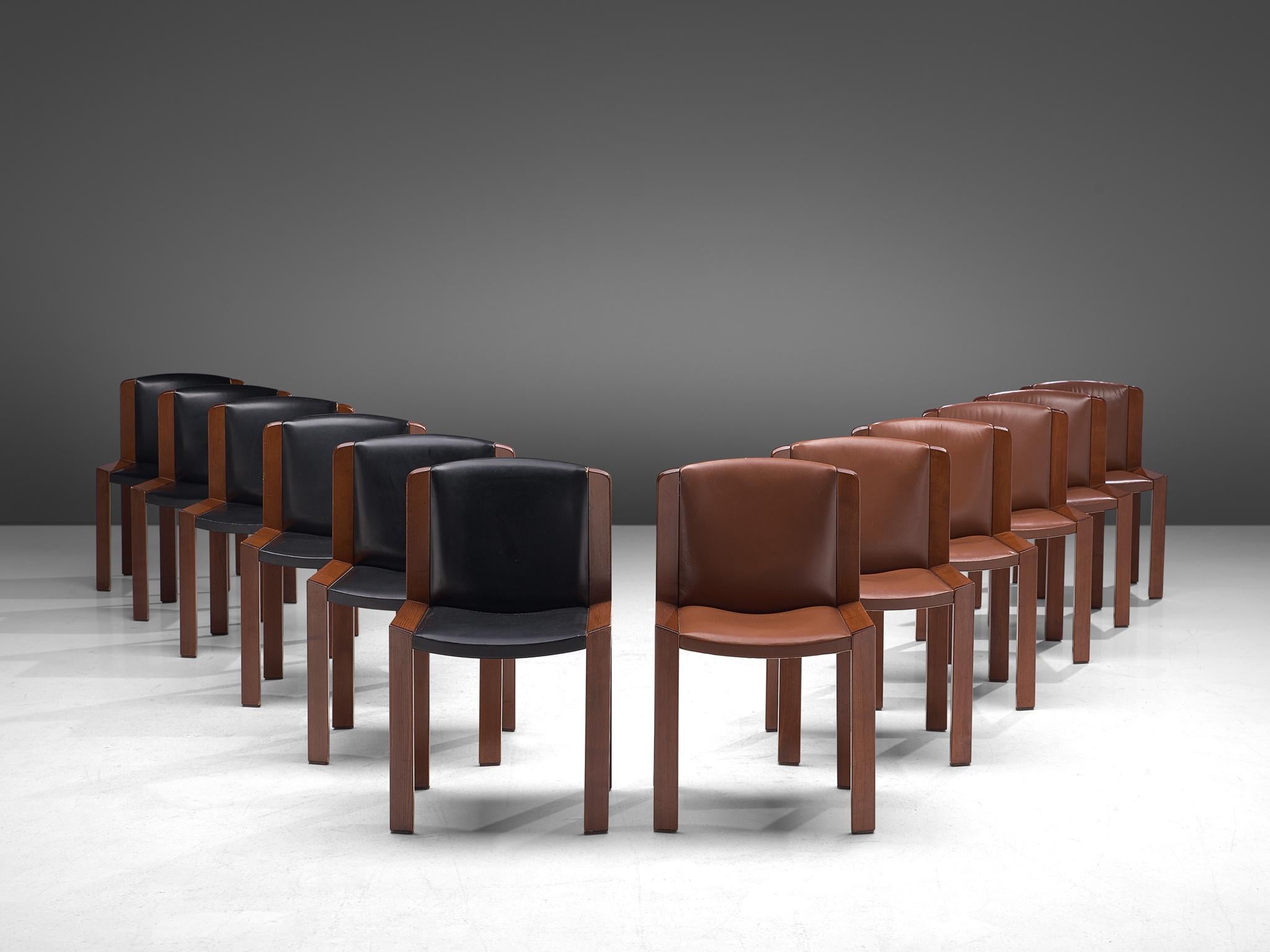  Twelve '300' Dining Chairs in Black and Brown Leather by Joe Colombo In Good Condition In Waalwijk, NL