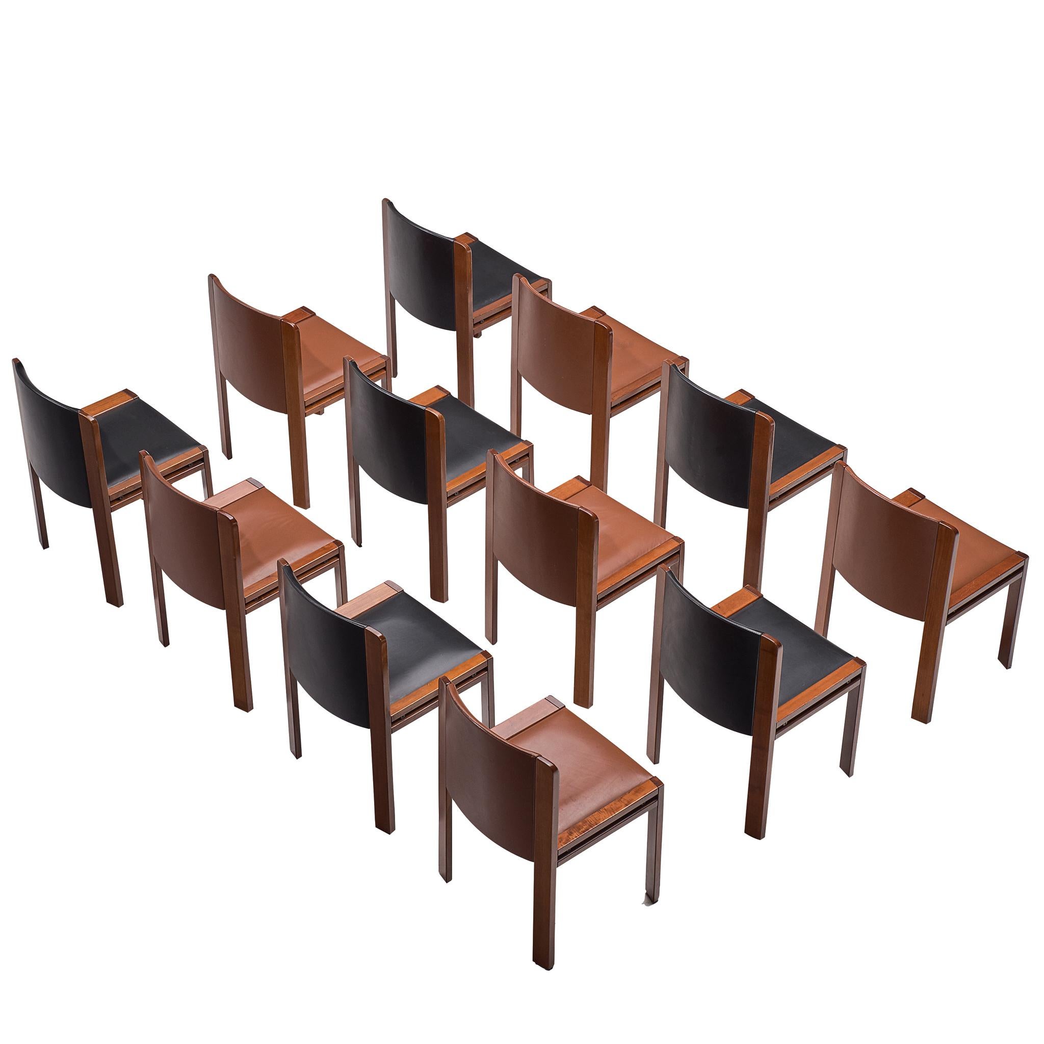  Twelve '300' Dining Chairs in Black and Brown Leather by Joe Colombo