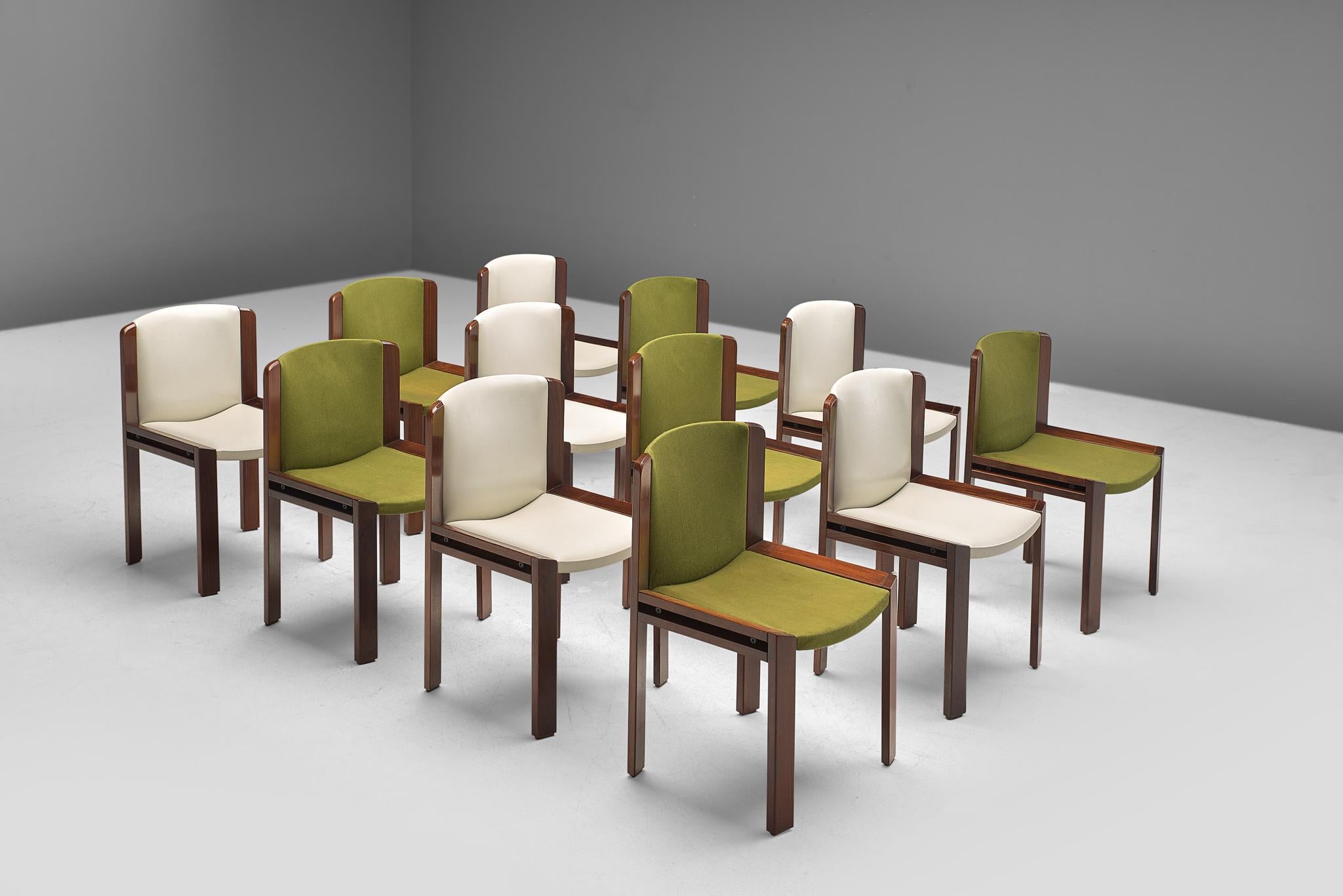 Joe Colombo for Pozzi, 12 dining chairs model '300', green fabric and white leather and stained oak, Italy, 1966. 

Functionalist set of dining chairs is designed by Joe Colombo in 1966. His fascination with functionality meant he always focused on