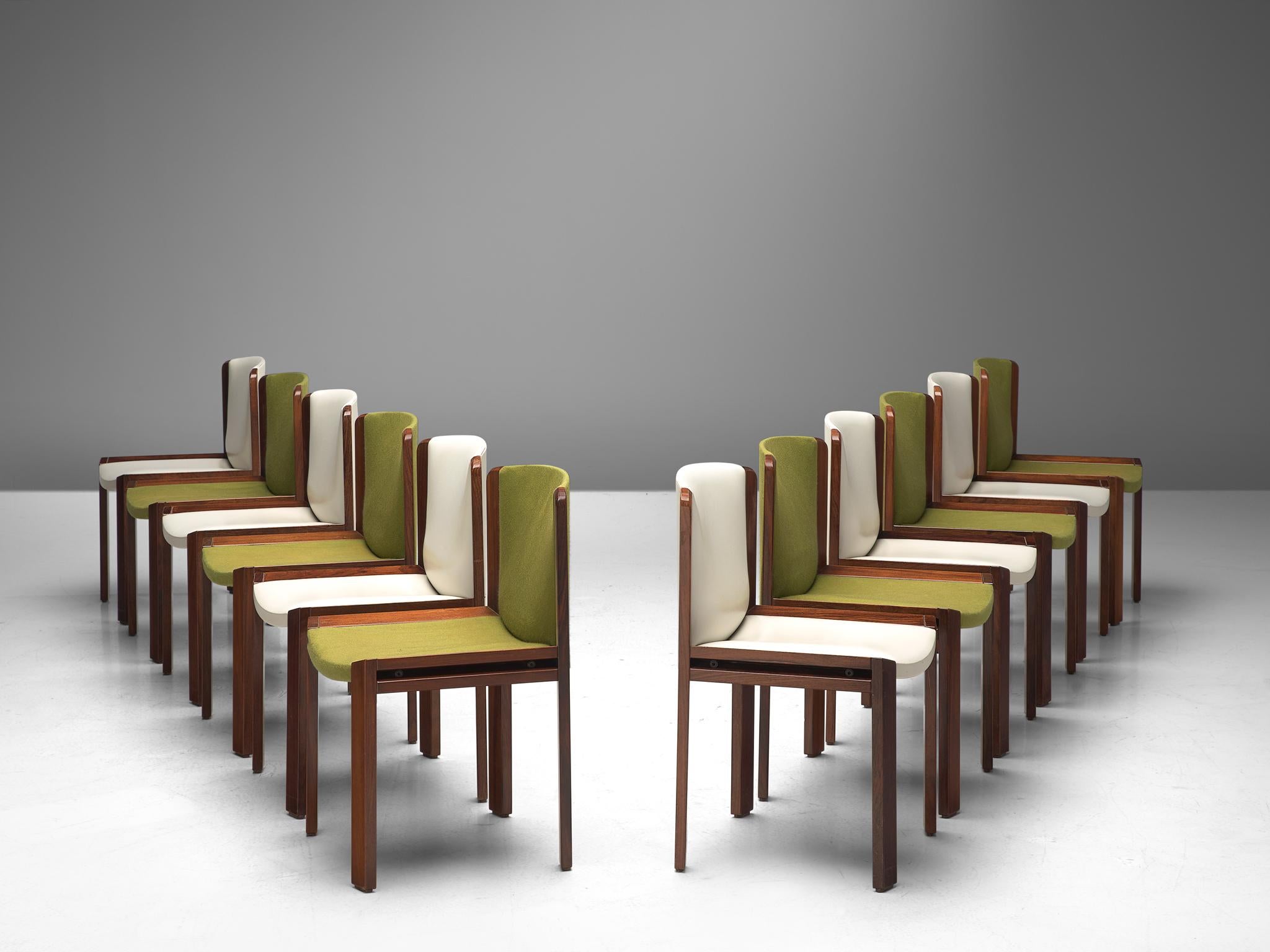 Mid-Century Modern Twelve '300' Dining Chairs in White and Moss Green Upholstery by Joe Colombo