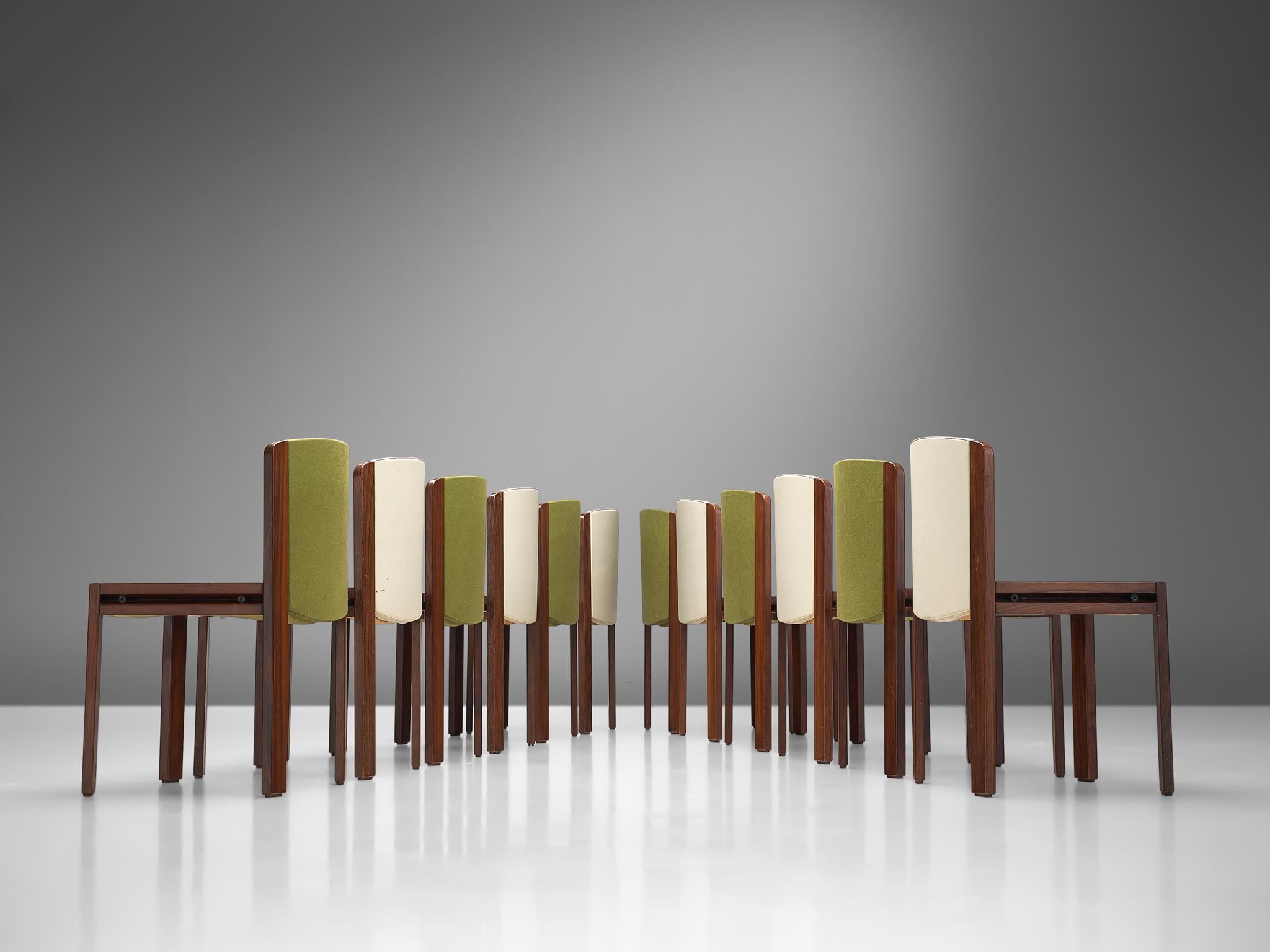 Italian Twelve '300' Dining Chairs in White and Moss Green Upholstery by Joe Colombo