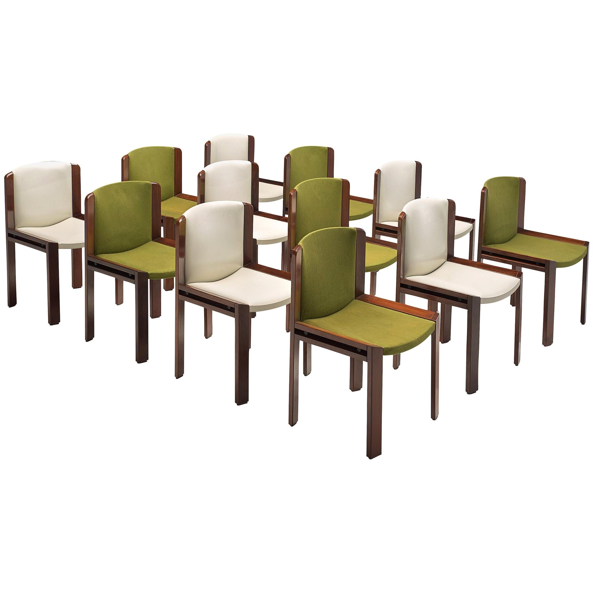 Twelve '300' Dining Chairs in White and Moss Green Upholstery by Joe Colombo