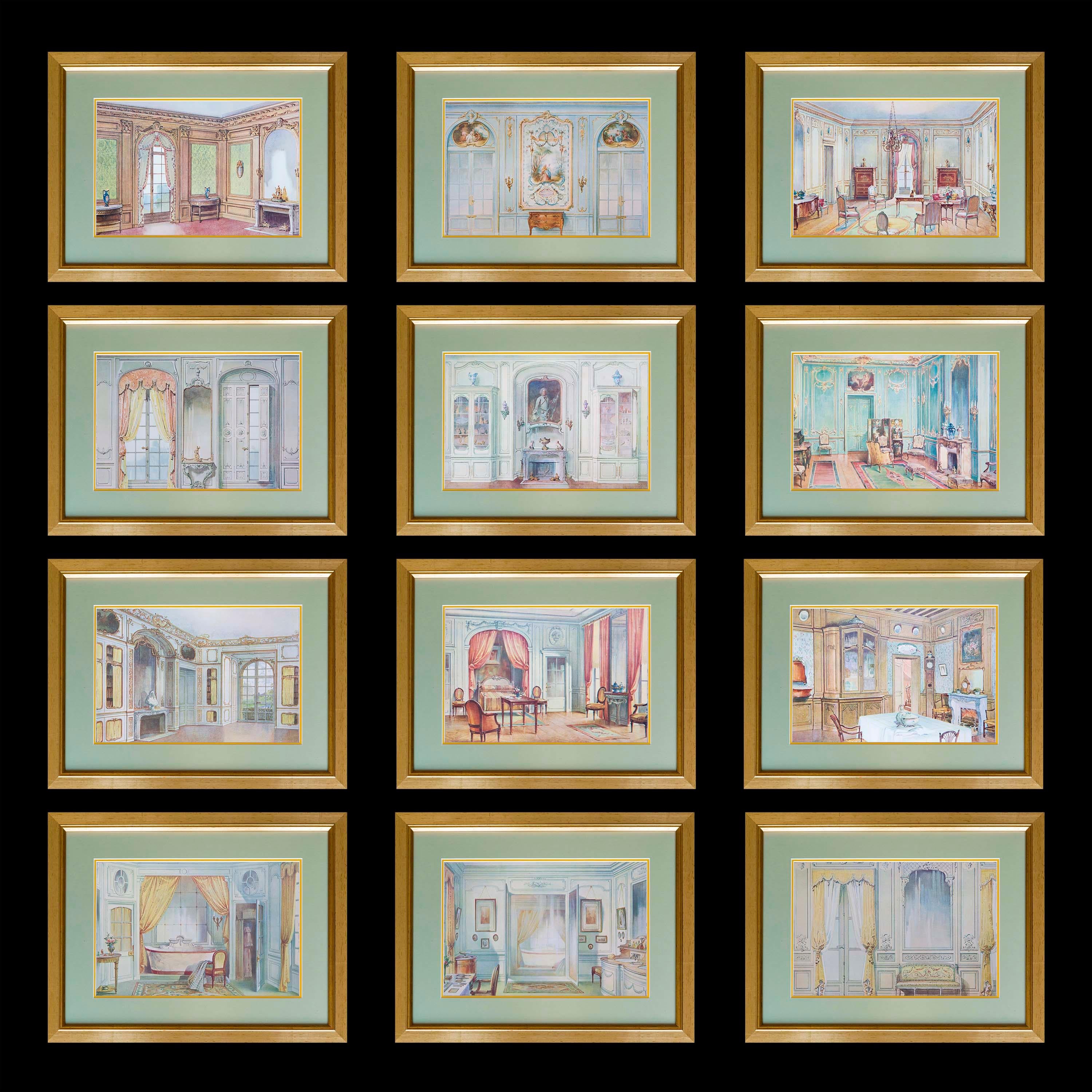 A set of 12 antique lithographic prints of watercolours, depicting interiors in various historic styles, in the manner of Alexandre Serebriakoff, 
French, circa 1900.

Superb quality, beautifully detailed.

Measurements: 
Approximately 24cm x