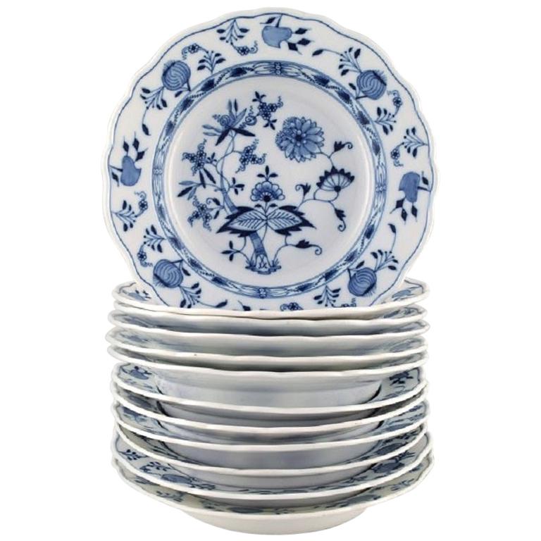 Twelve Antique Meissen "Blue Onion" Deep Plates in Hand Painted Porcelain