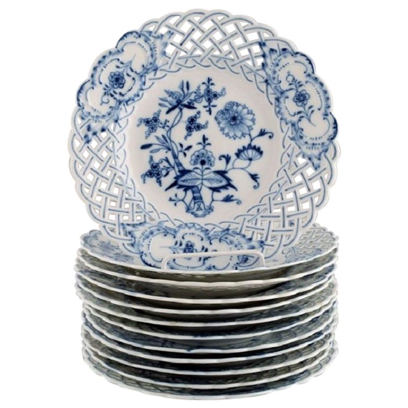 Twelve Antique Meissen "Blue Onion" Lunch Plates in Openwork Porcelain