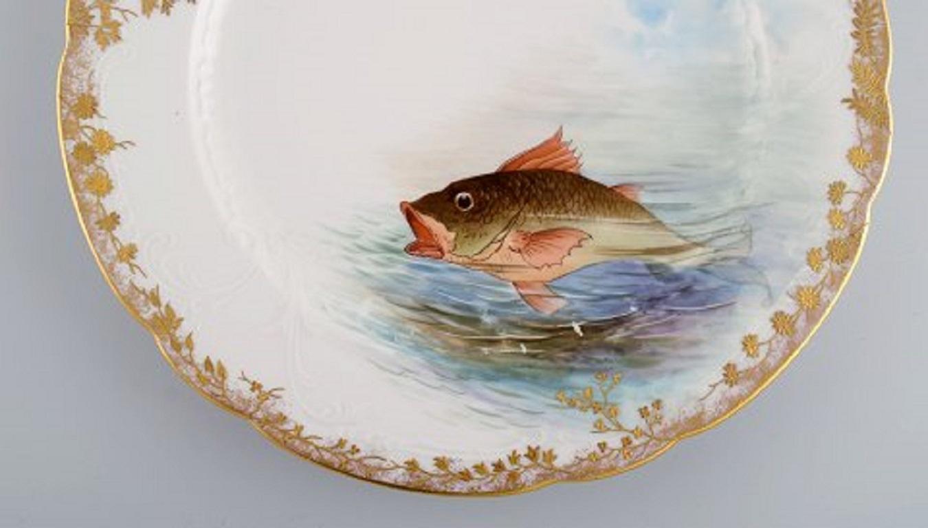 Zwölf antike Pirkenhammer-Porzellan-Essteller mit handbemalten Fischen (20. Jahrhundert) im Angebot