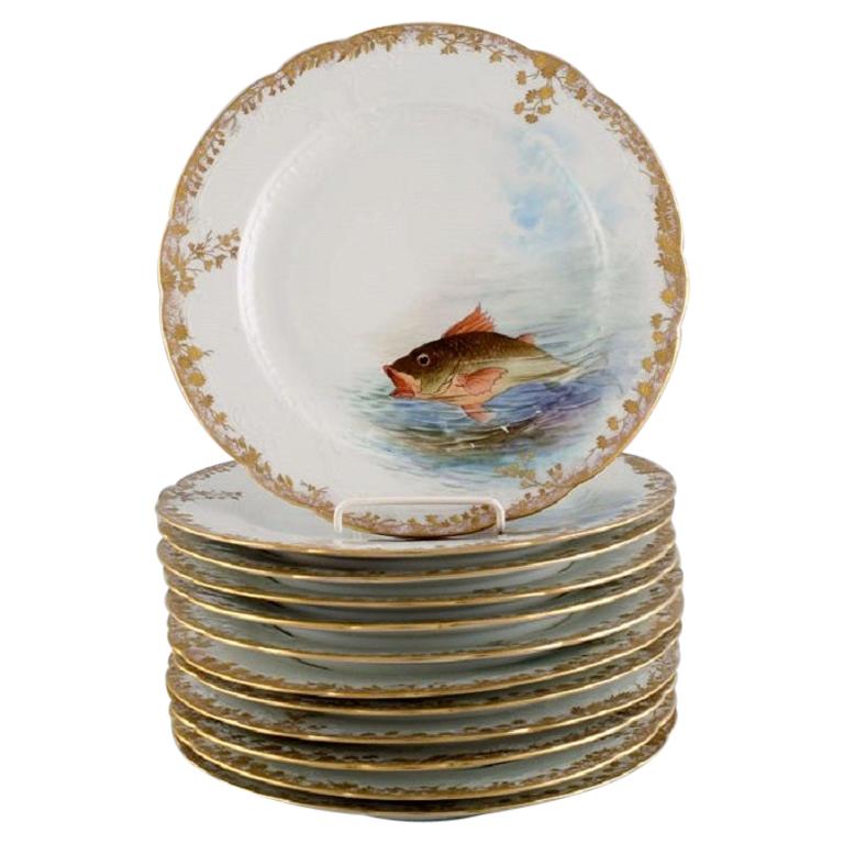 Twelve Antique Pirkenhammer Porcelain Dinner Plates with Hand-Painted Fish
