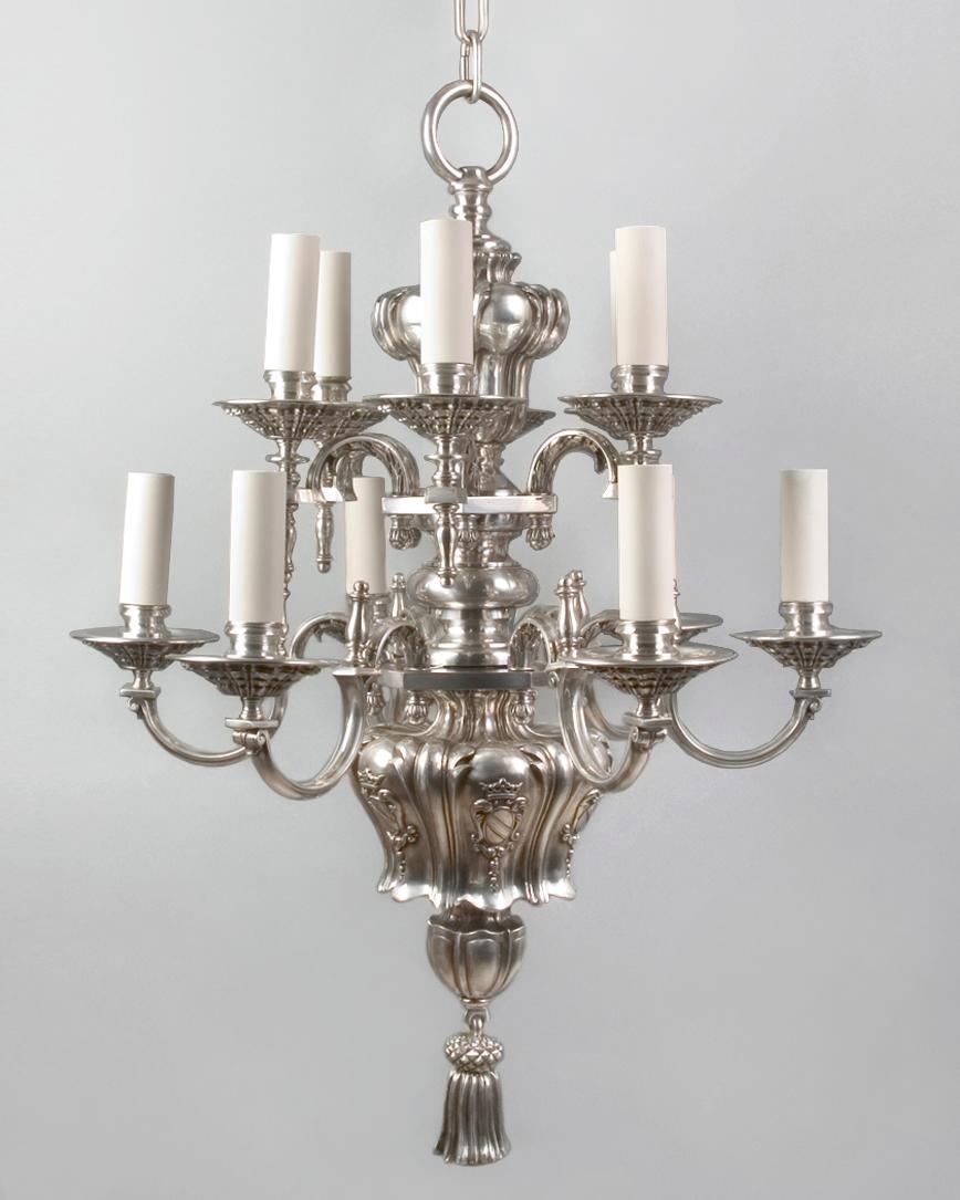 American Twelve Arm Baroque Silverplate Chandelier by Pettingell Andrews Co. Circa 1910 For Sale