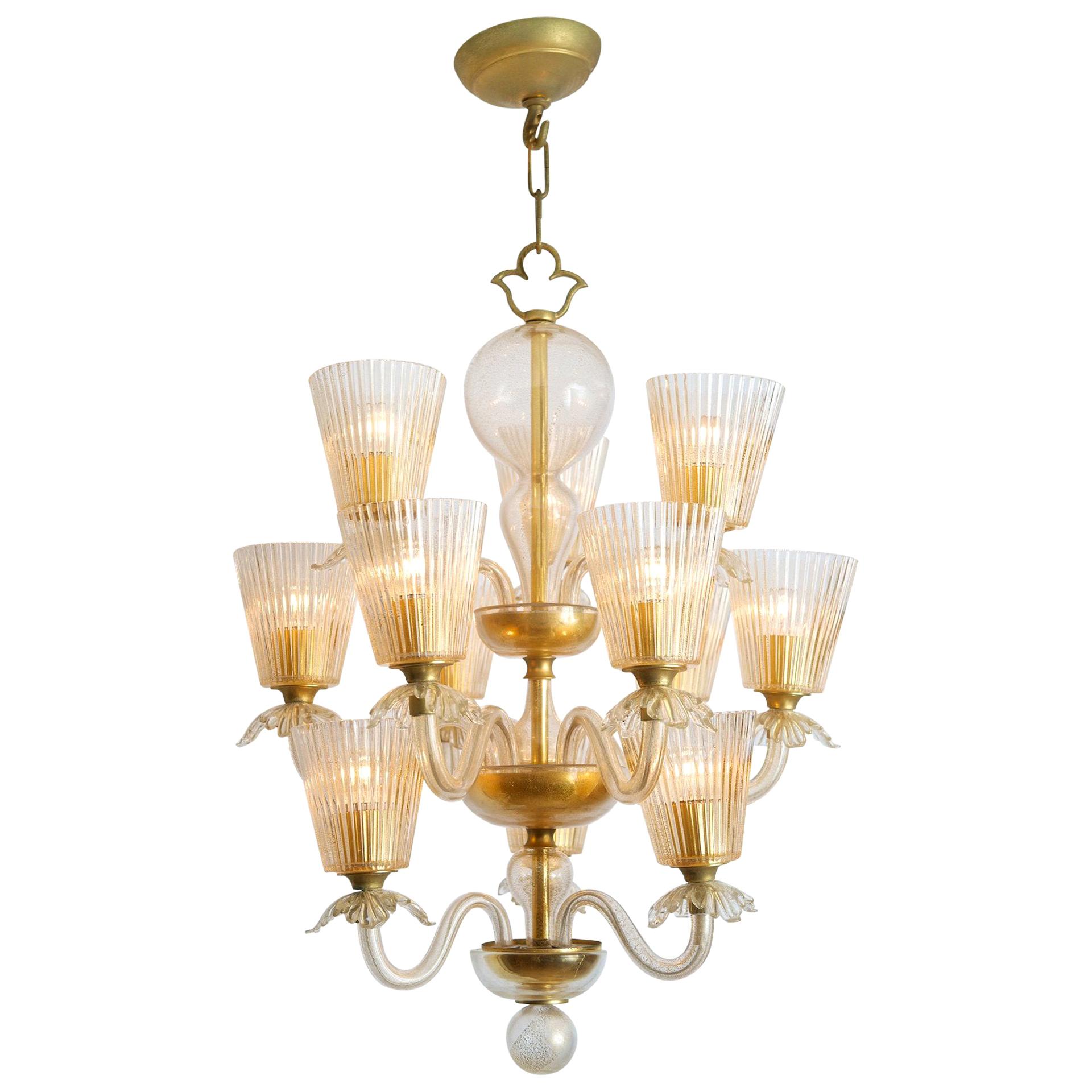 Twelve-Arm Chandelier in Blown Glass with Gold Inclusions