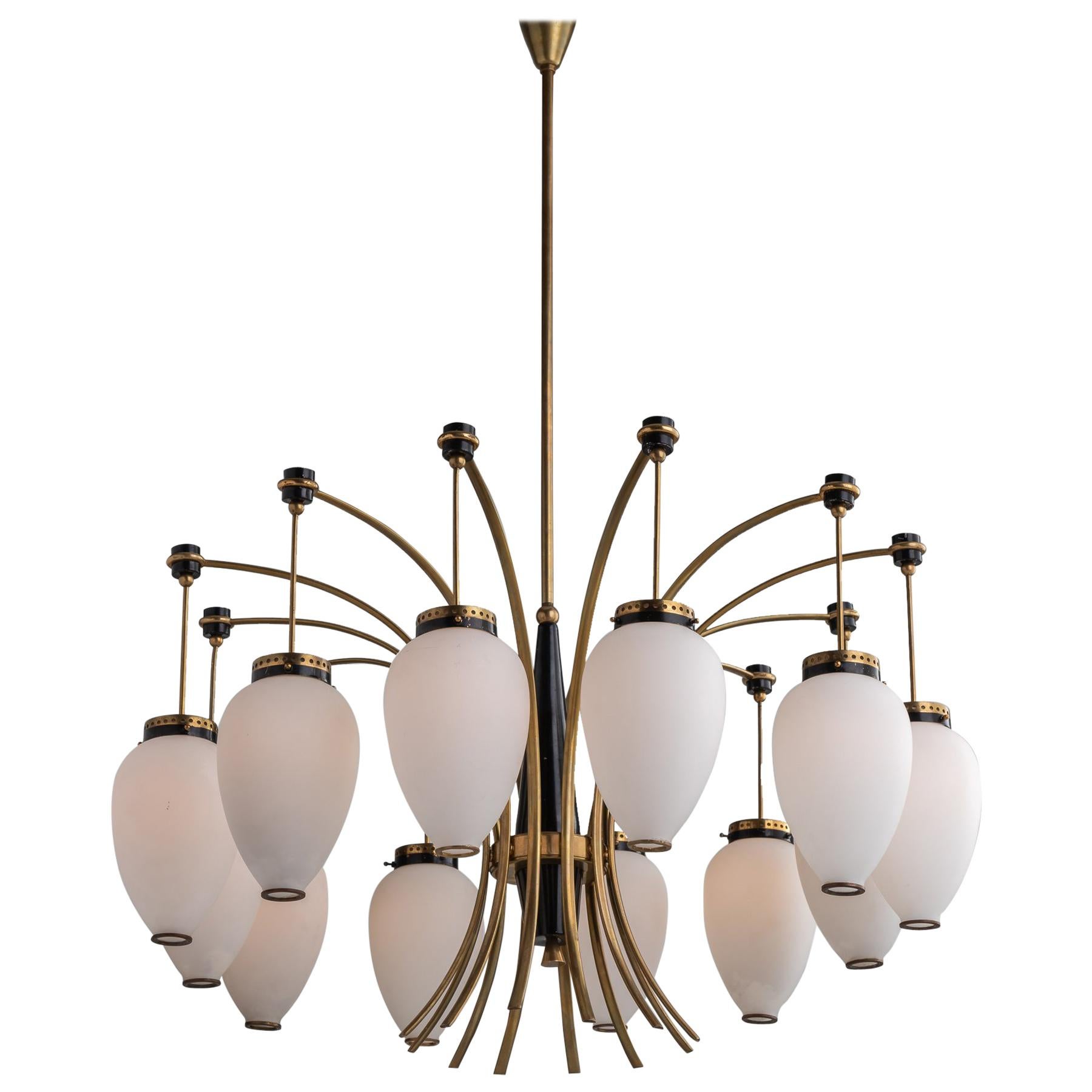 Twelve Arm Opaline and Brass Chandelier, Italy, circa 1960