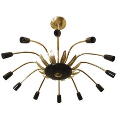 Twelve-Arm Stilnovo Style Chandelier in Black, Gold and Brass