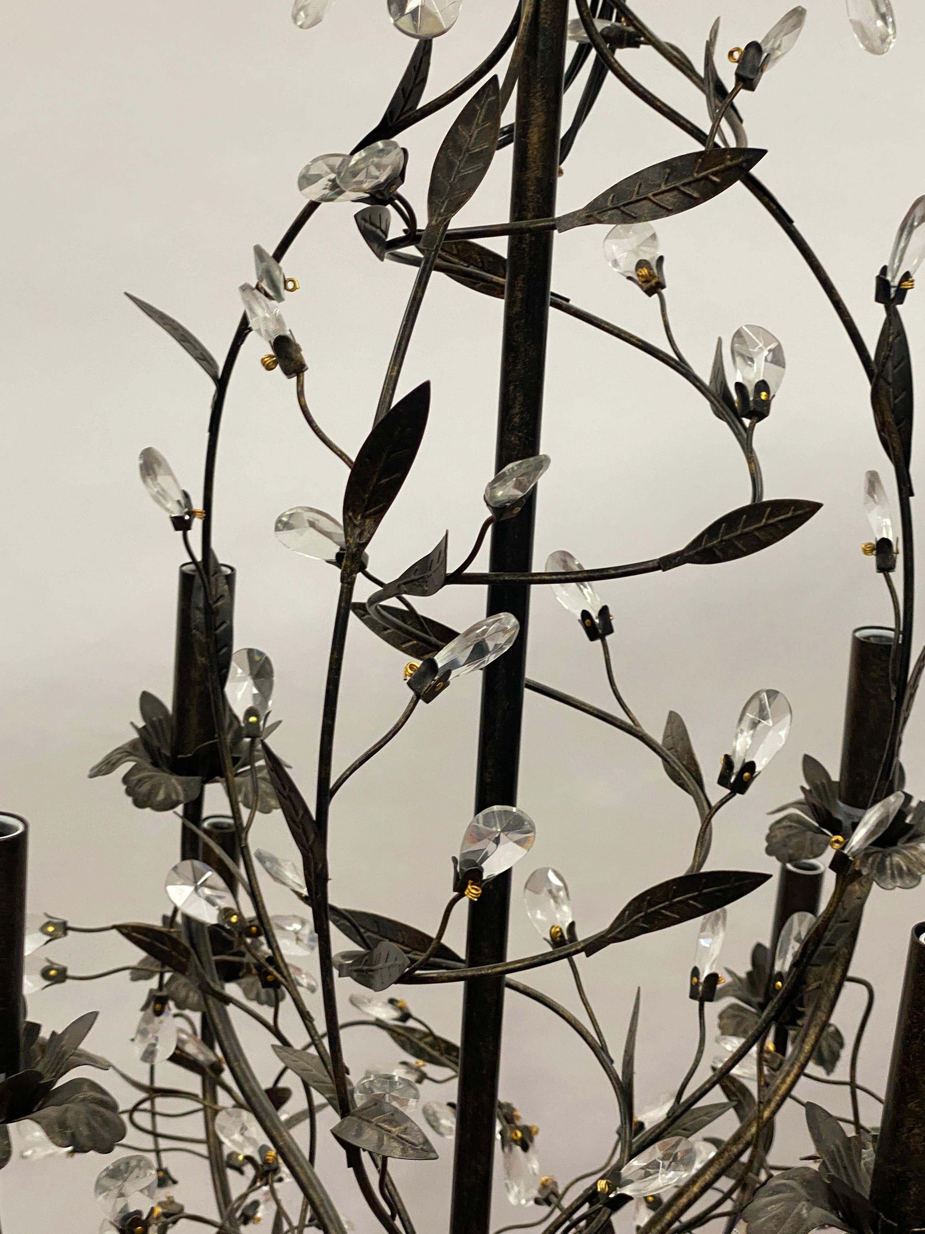 Modern tole foliate design with crystal twelve arm chandelier. Large 36