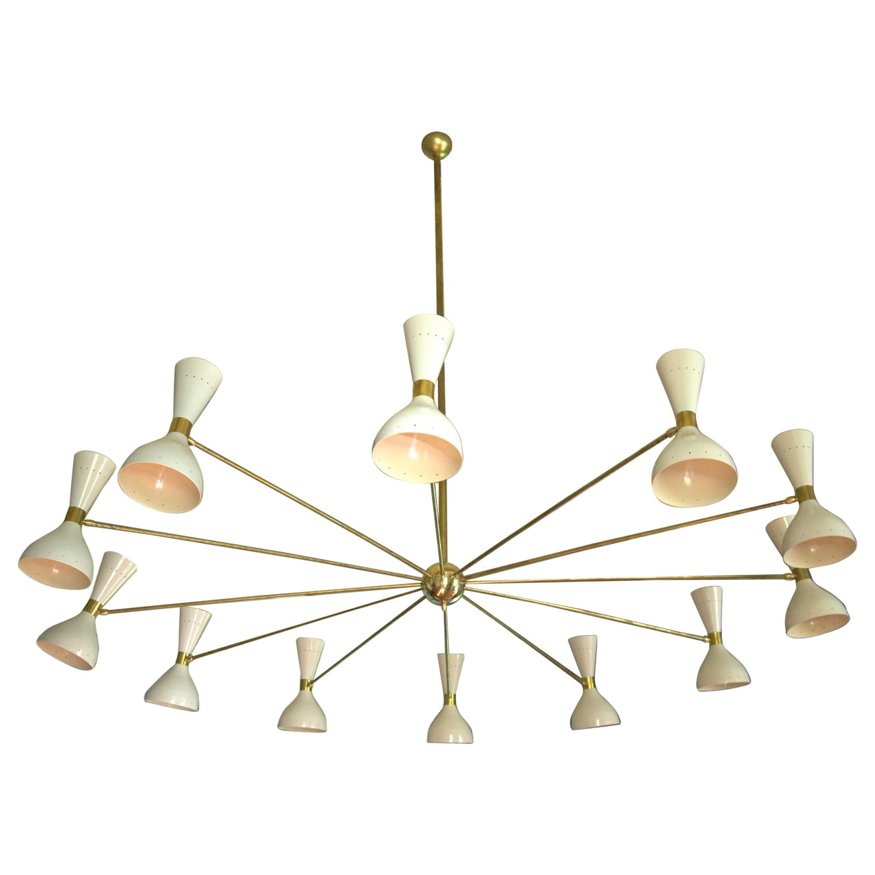 Twelve Arms Natural Patina Brass Chandelier, Ivory Pivoting Heads, Twin Bulbs