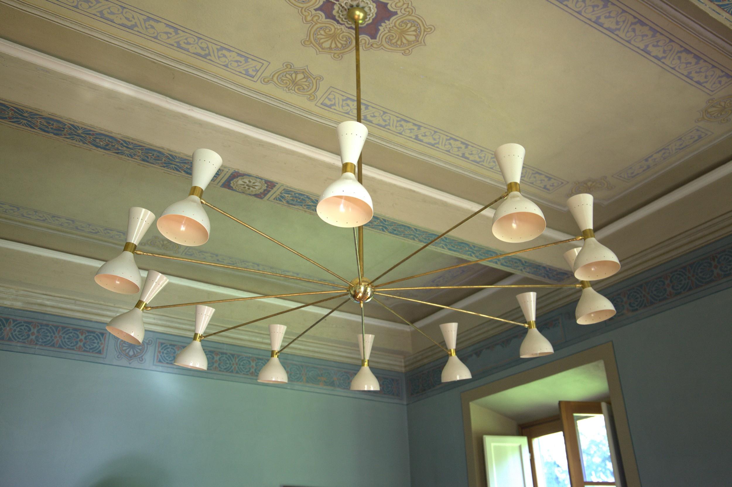 Six Arms Brass Chandelier, Ivory Sage Pivot Shades, Stilnovo Style