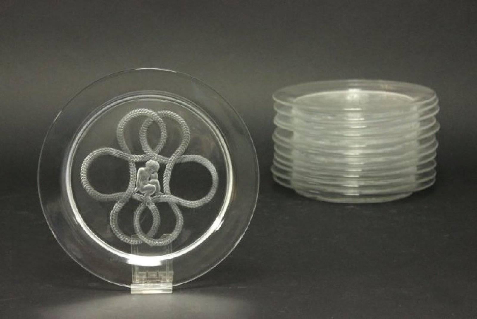 French 12 Art Deco Lalique Cherub and Rope Motif Plates For Sale